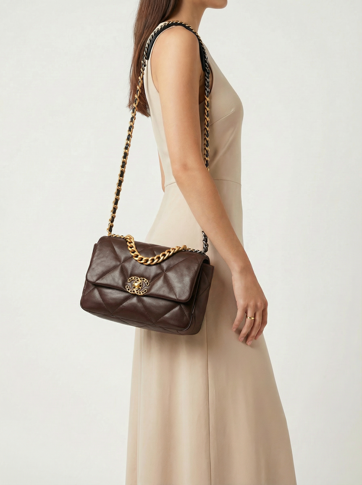 Pre-owned Certified Chanel Medium 19Bag in Dark Chocolate Brown Lambskin with Golden Hardware, 2021 microchipped, w/ Full Set