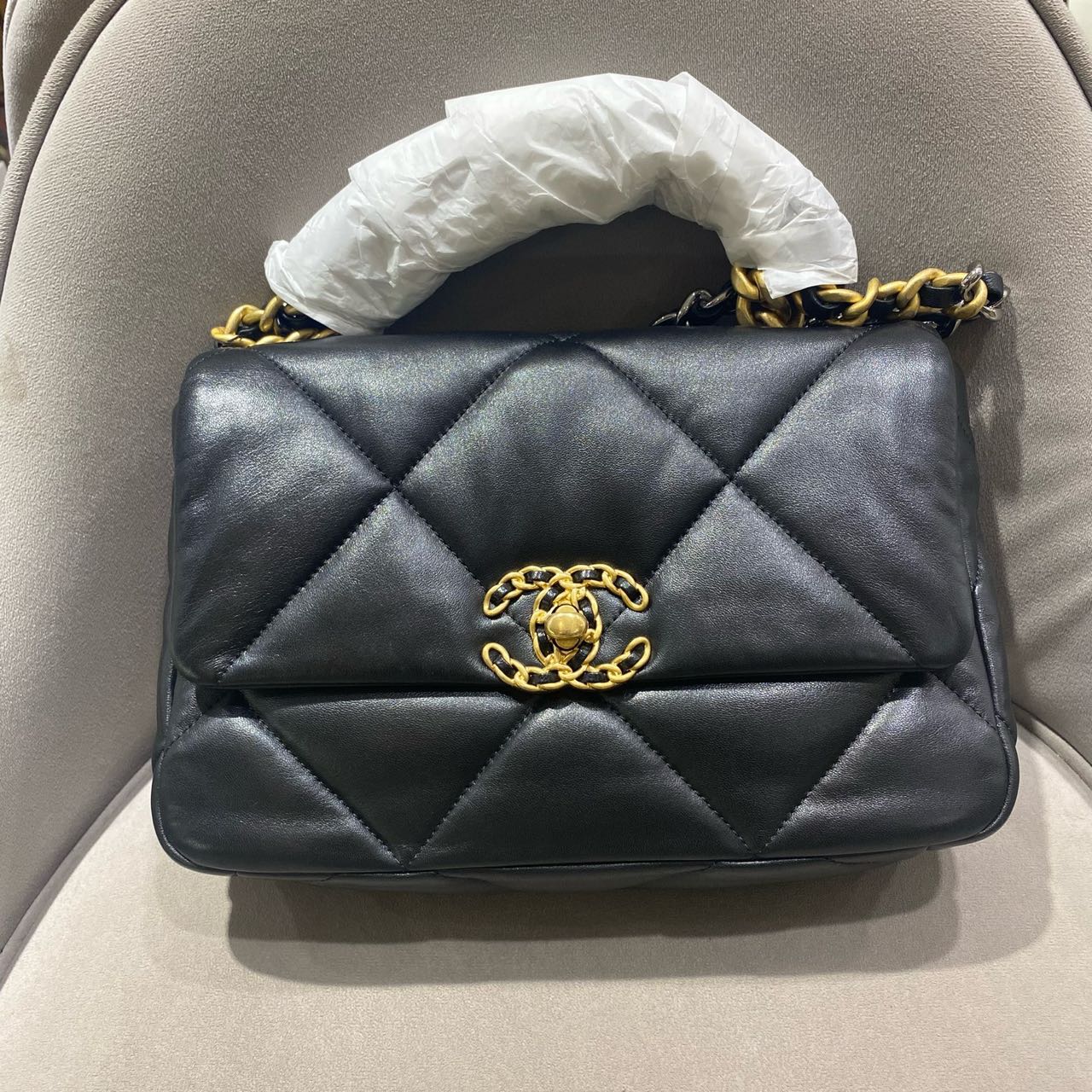 Pre-owned Certified Chanel 19Bag Small in Black Lambskin with Golden Hardware, 2021 Microchipped, w/ full set