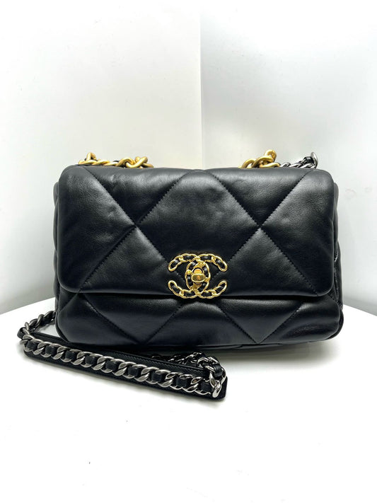 Pre-owned Certified Chanel 19Bag Small in Black Lambskin with Golden Hardware, 2023 Microchipped, w/ full set
