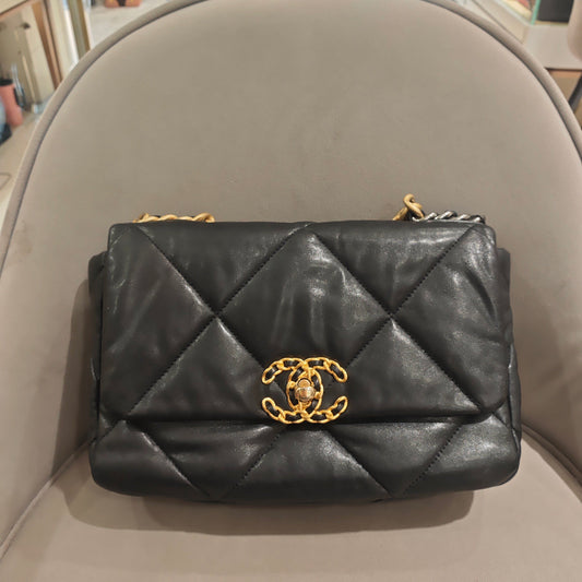 Pre-owned Certified Chanel 19Bag Small in Black Lambskin with Golden Hardware, 2019-2020, w/ full set