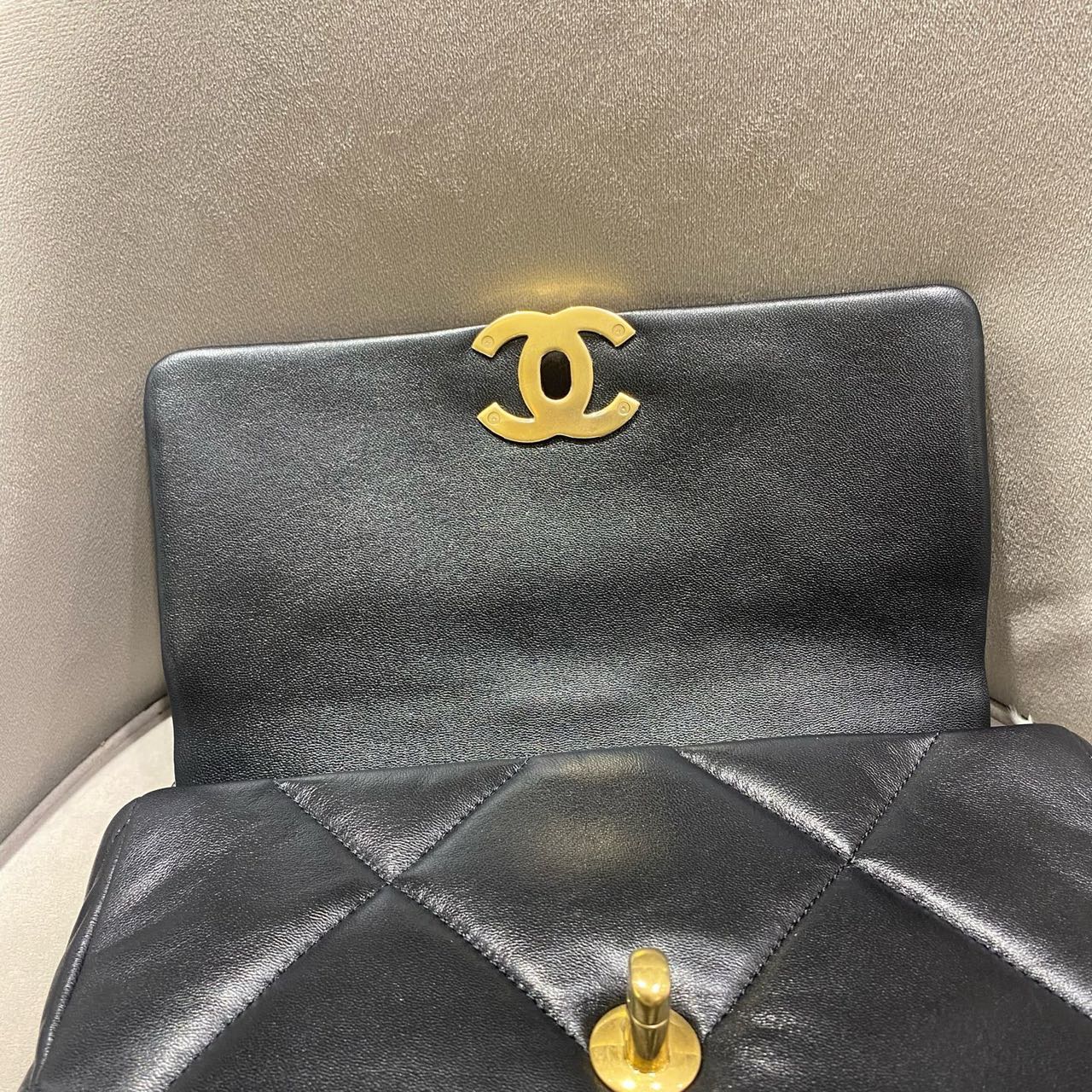 Pre-owned Certified Chanel 19Bag Small in Black Lambskin with Golden Hardware, 2021 Microchipped, w/ full set
