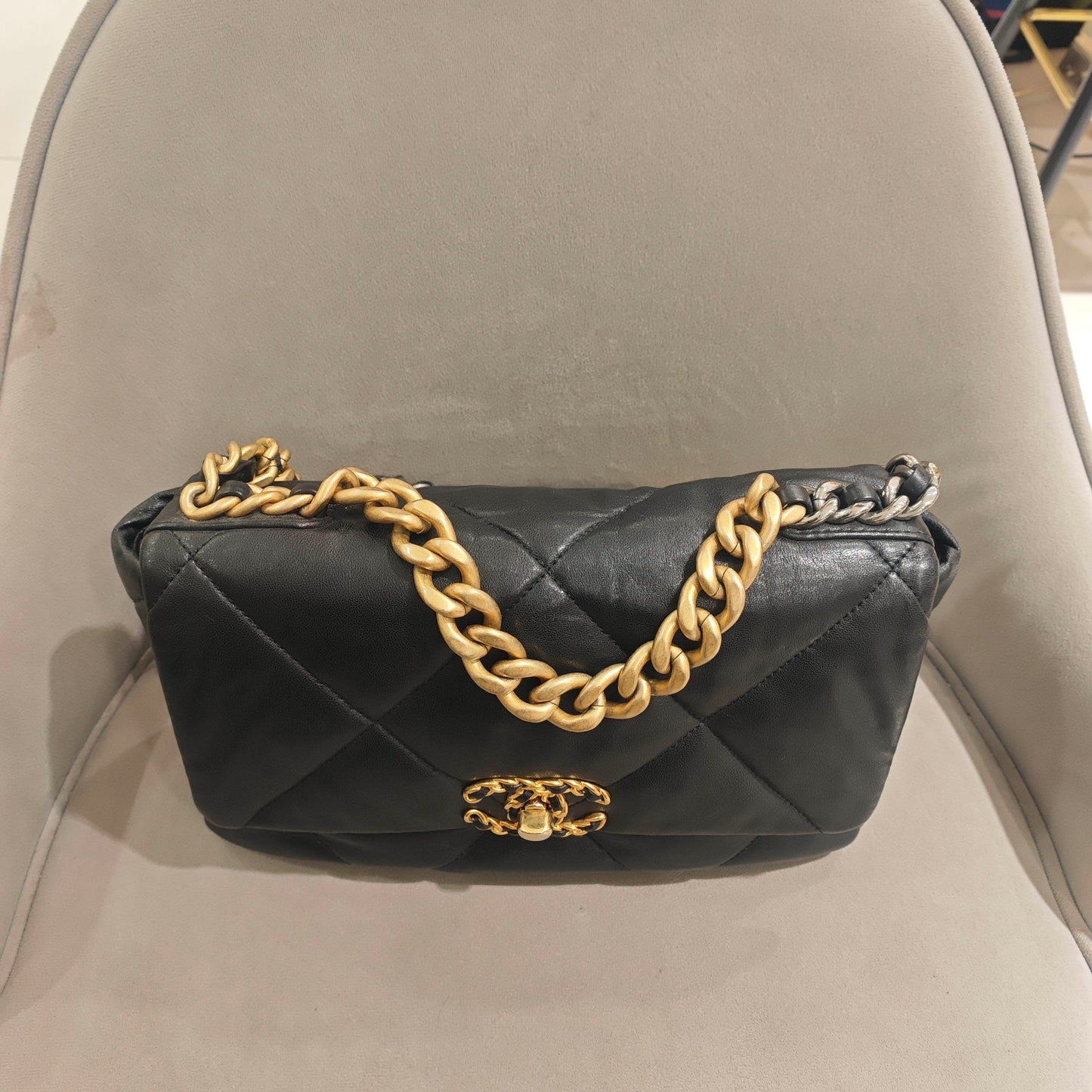 Pre-owned Certified Chanel 19Bag Small in Black Lambskin with Golden Hardware, 2019-2020, w/ full set