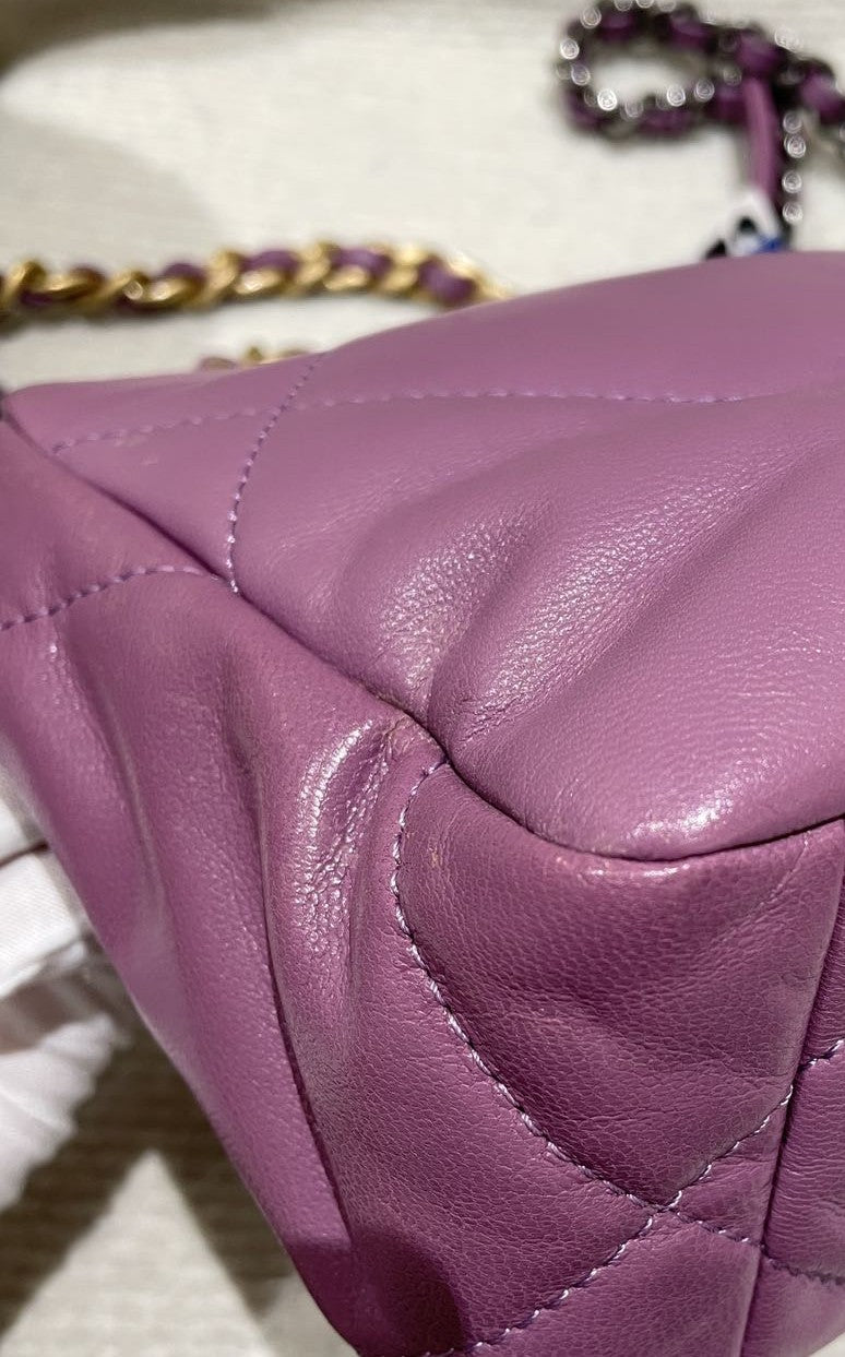 Pre-owned Certified Chanel 19Bag Small in Deep Lilac Pink Lambskin Golden Hardware, 2020-2021, w/ full set