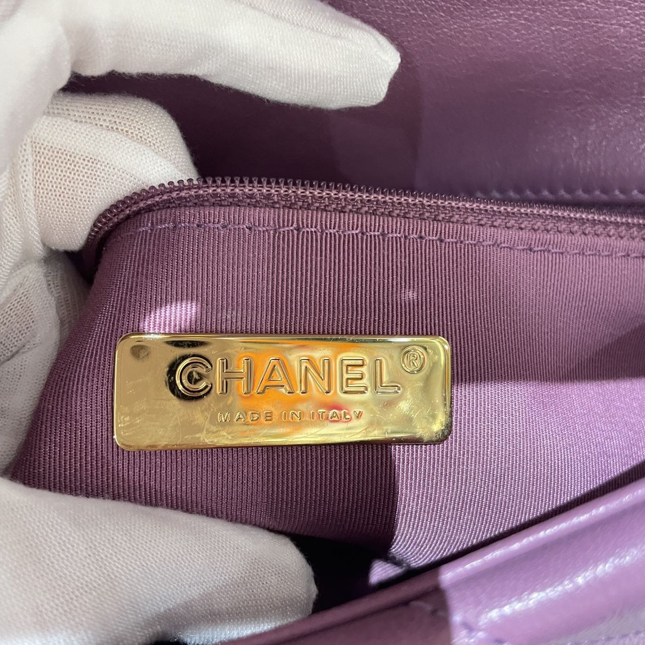 Pre-owned Certified Chanel 19Bag Small in Deep Lilac Pink Lambskin Golden Hardware, 2020-2021, w/ full set