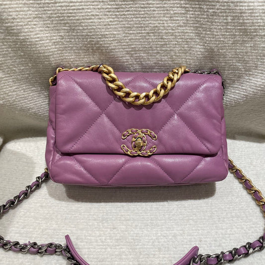 Pre-owned Certified Chanel 19Bag Small in Deep Lilac Pink Lambskin Golden Hardware, 2020-2021, w/ full set
