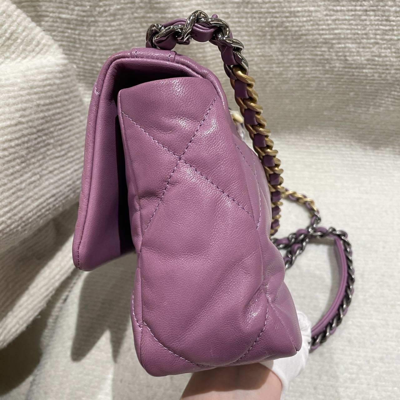 Pre-owned Certified Chanel 19Bag Small in Deep Lilac Pink Lambskin Golden Hardware, 2020-2021, w/ full set