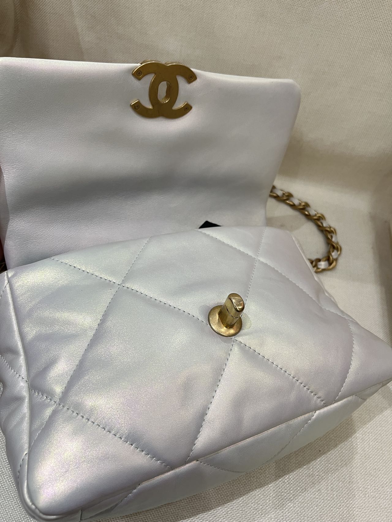 Pre-owned Certified Chanel 19Bag Small in Silver Pearlescent Metallic Lambskin with Golden Hardware, 2021, w/ Full Set