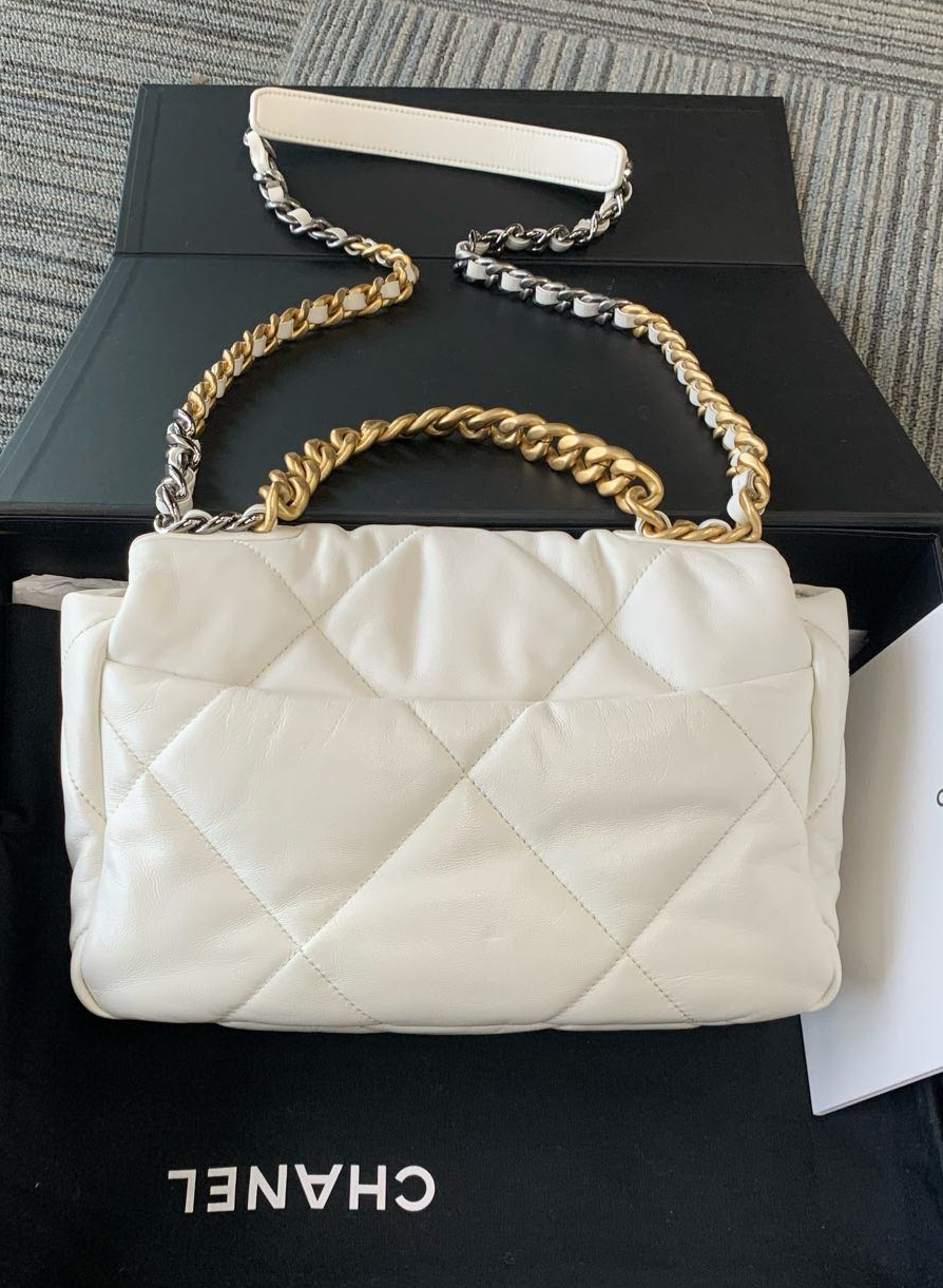 Pre-owned Certified Chanel 19 Bag Small in White Lambskin with Golden Hardware, 2020- 2021,w/ full set