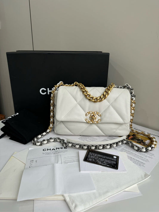 Pre-owned Certified Chanel 19 Bag Small in White Lambskin with Golden Hardware, 2020- 2021,w/ full set