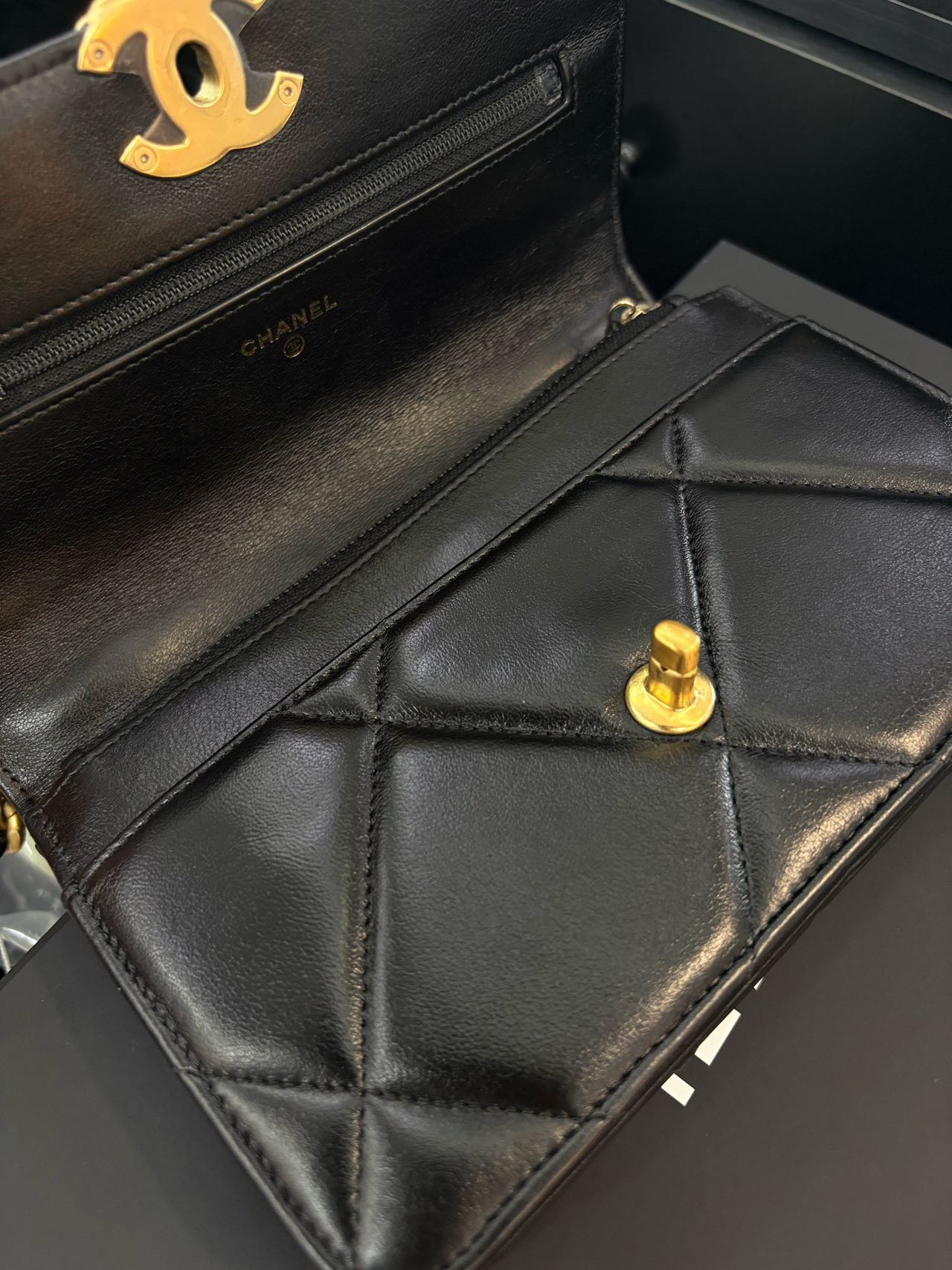 Pre-owned Certified Chanel 19 Wallet On Chain in Black Lambskin with Golden Hardware, w/ full set