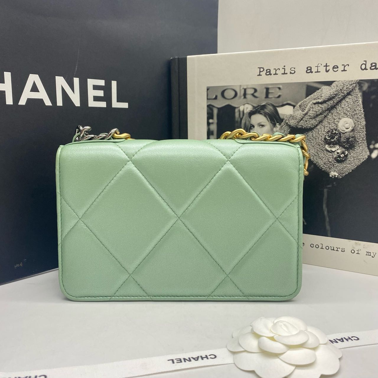 Pre-owned Certified Chanel 19 Wallet on Chain in Green Lambskin with Golden Hardware, 2023 Microchipped, w/ full set
