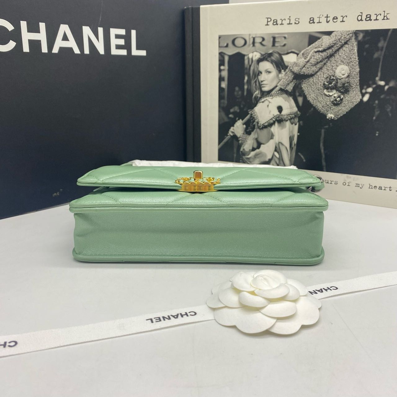 Pre-owned Certified Chanel 19 Wallet on Chain in Green Lambskin with Golden Hardware, 2023 Microchipped, w/ full set