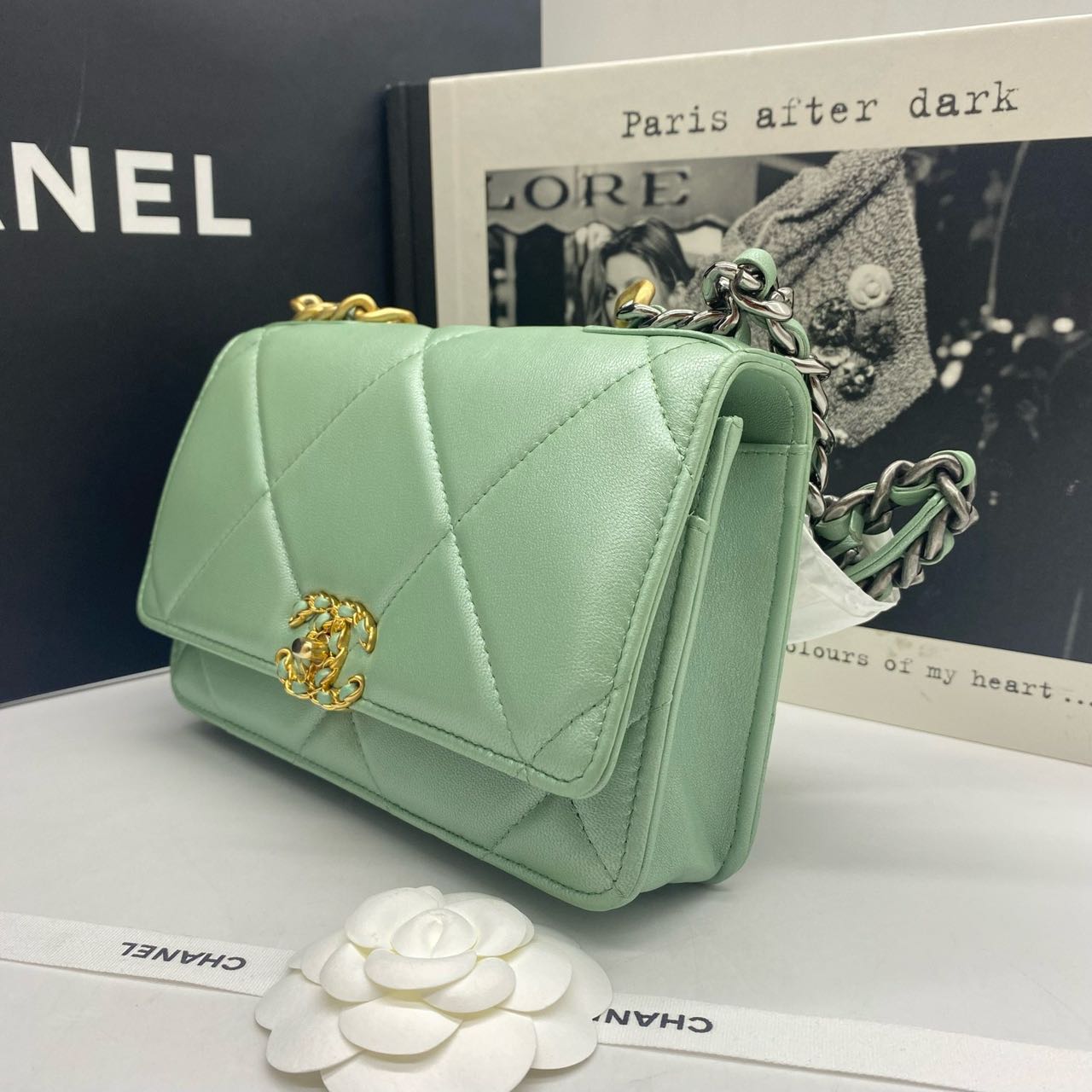 Pre-owned Certified Chanel 19 Wallet on Chain in Green Lambskin with Golden Hardware, 2023 Microchipped, w/ full set