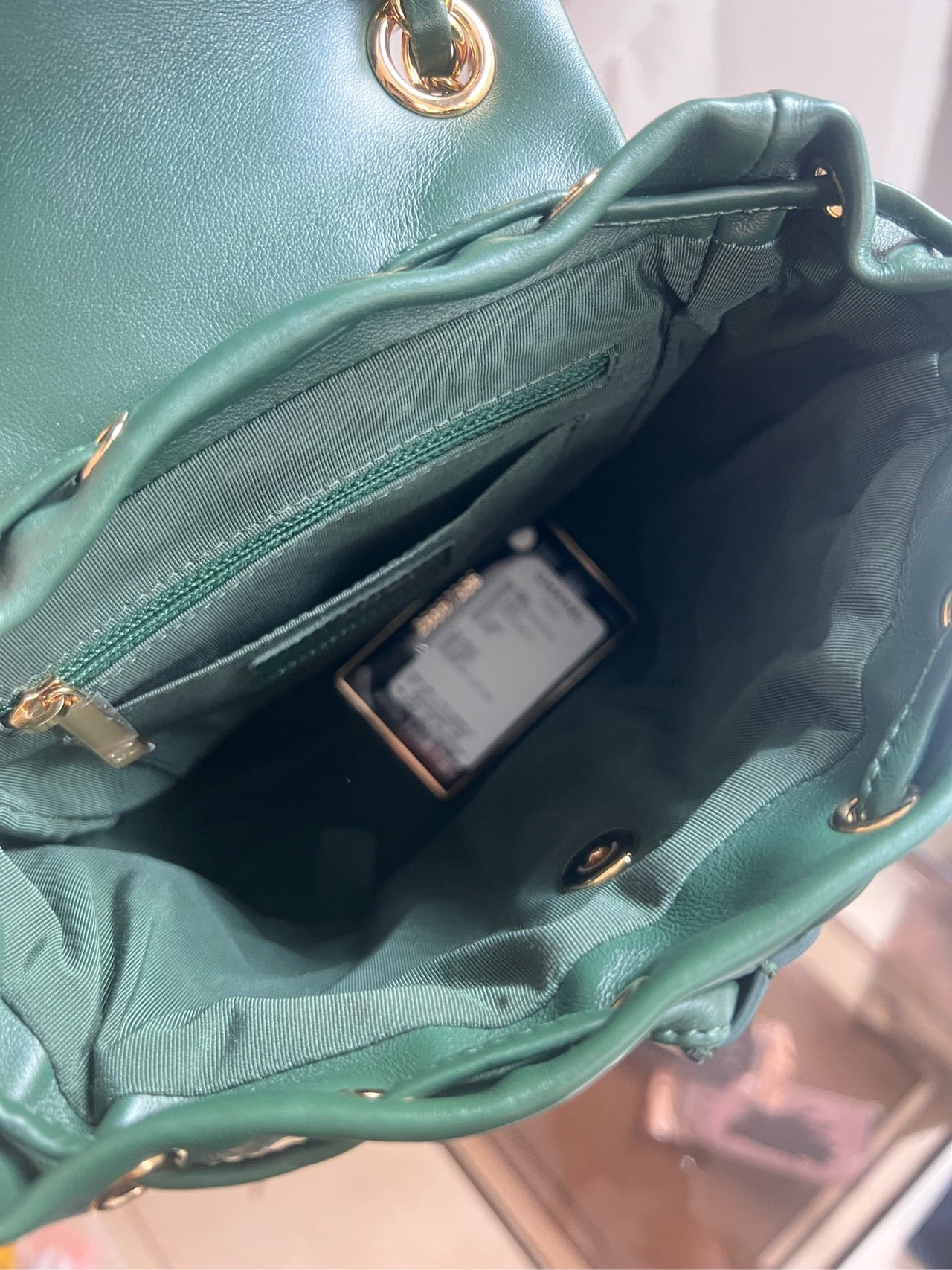 Pre-owned Chanel Small Backpack Salzburg Special Collection, Forest Green Leather with Golden Hardware, 2018-2019, w/ card, dust bag