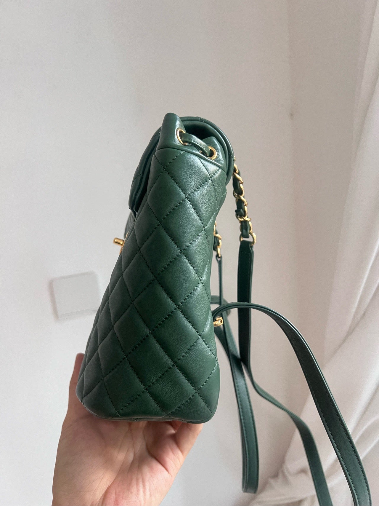 Pre-owned Chanel Small Backpack Salzburg Special Collection, Forest Green Leather with Golden Hardware, 2018-2019, w/ card, dust bag