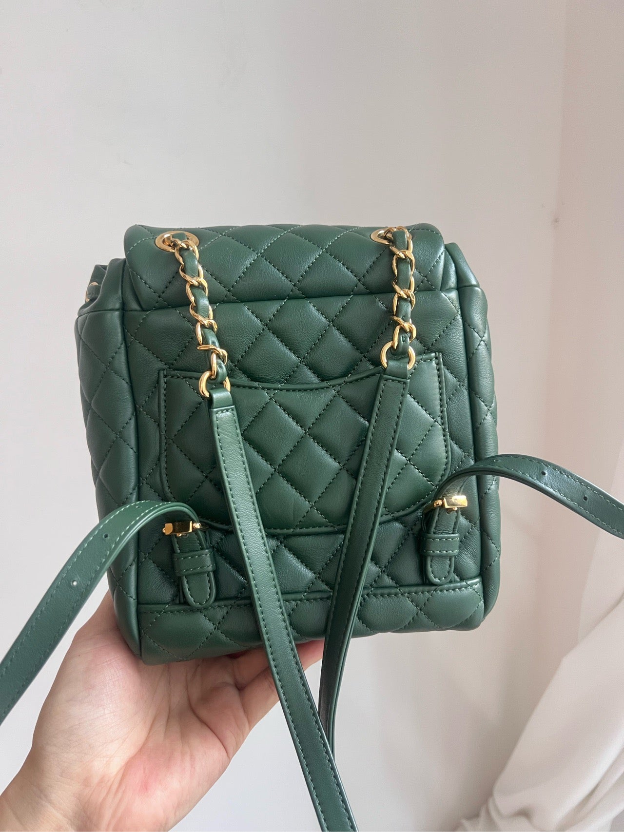 Pre-owned Chanel Small Backpack Salzburg Special Collection, Forest Green Leather with Golden Hardware, 2018-2019, w/ card, dust bag