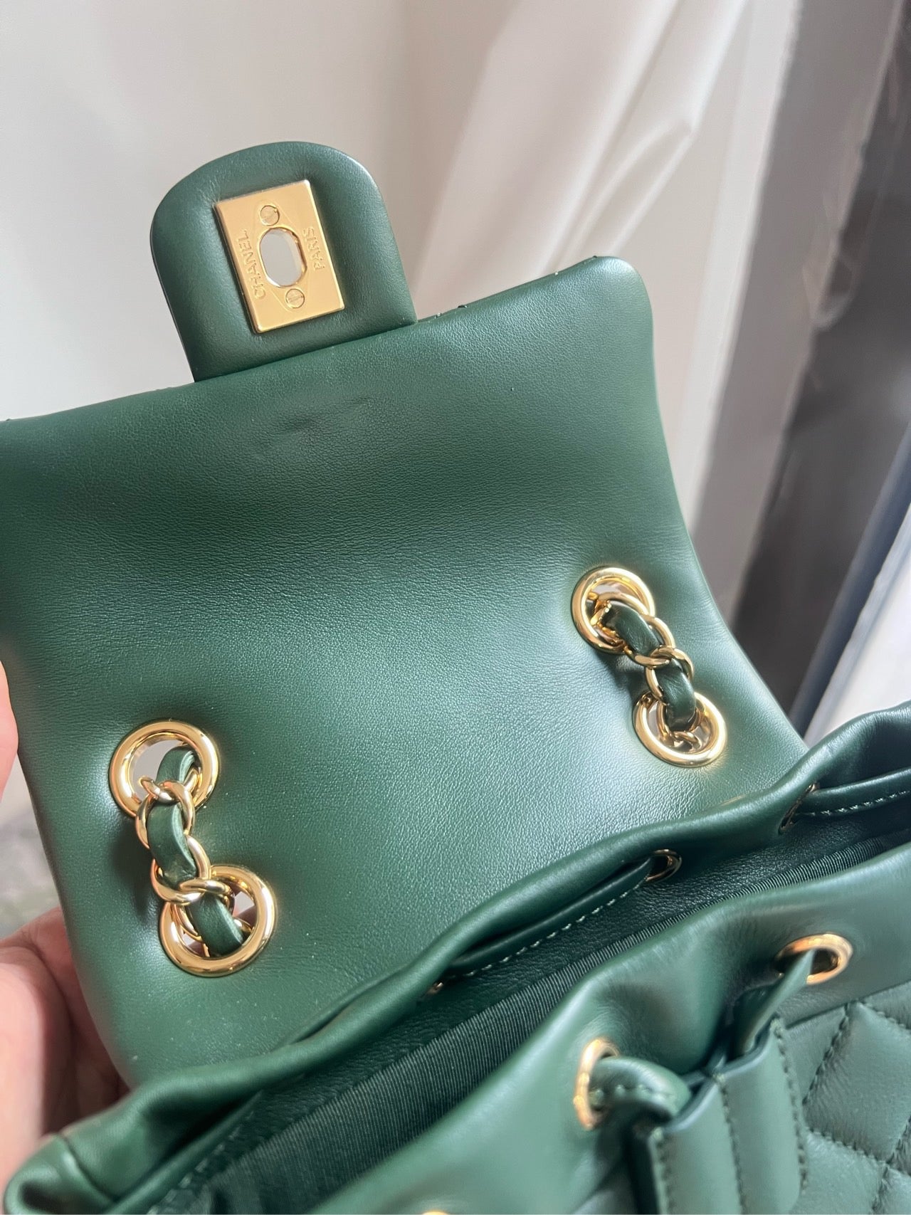 Pre-owned Chanel Small Backpack Salzburg Special Collection, Forest Green Leather with Golden Hardware, 2018-2019, w/ card, dust bag