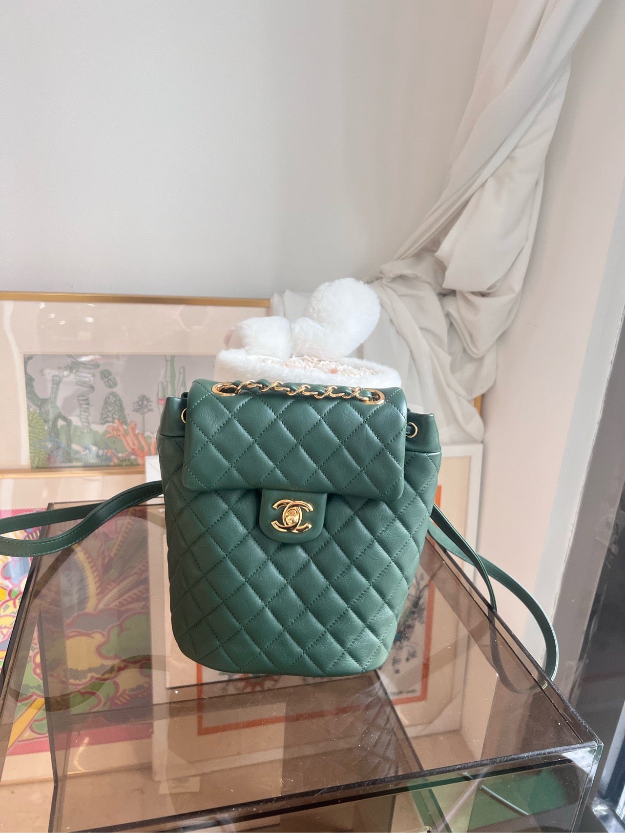 Pre-owned Chanel Small Backpack Salzburg Special Collection, Forest Green Leather with Golden Hardware, 2018-2019, w/ card, dust bag