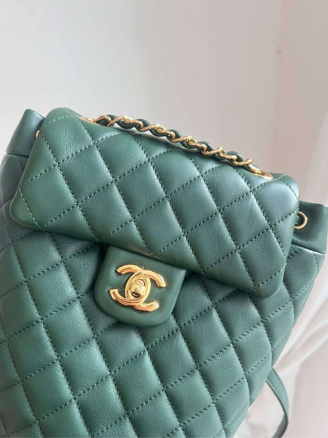 Pre-owned Chanel Small Backpack Salzburg Special Collection, Forest Green Leather with Golden Hardware, 2018-2019, w/ card, dust bag