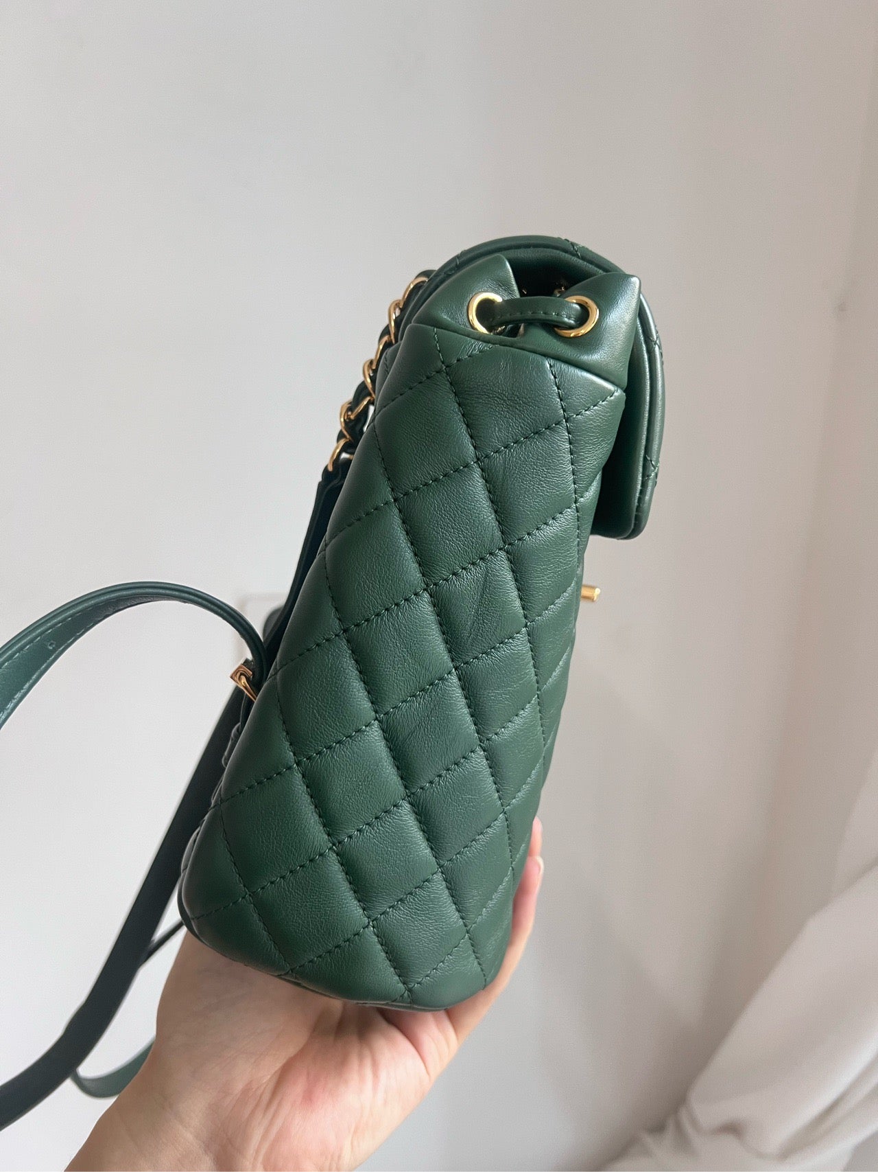 Pre-owned Chanel Small Backpack Salzburg Special Collection, Forest Green Leather with Golden Hardware, 2018-2019, w/ card, dust bag