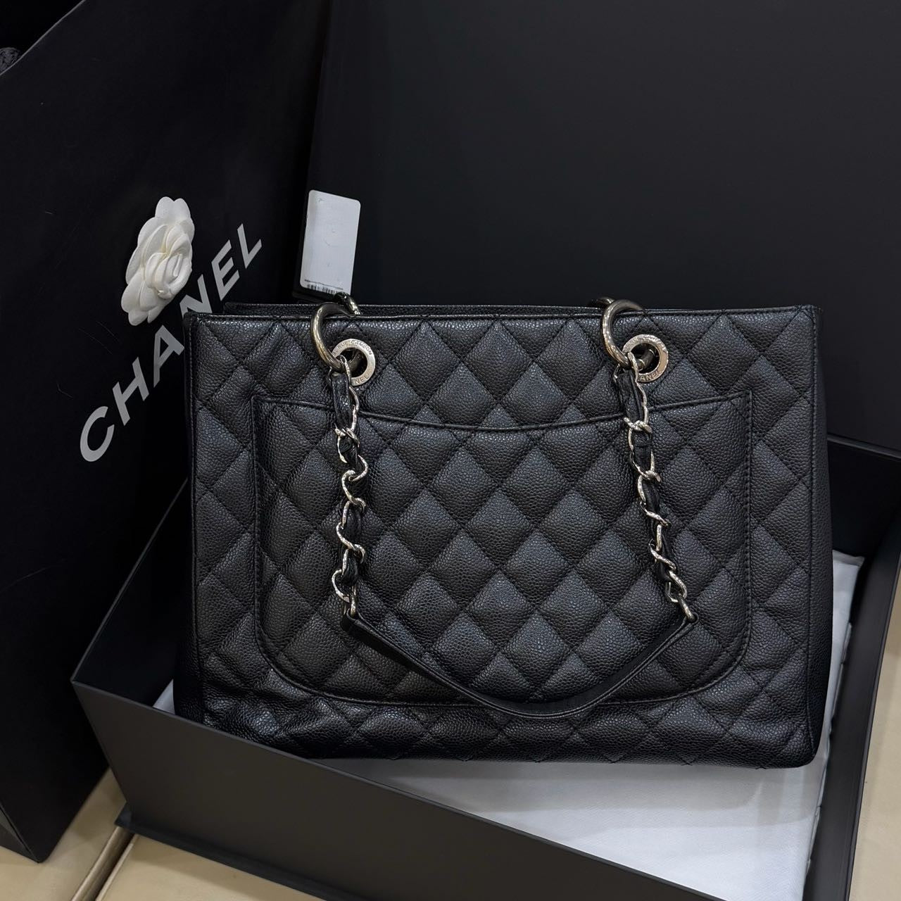 Pre-owned Certified Chanel Black Grand Shopping Tote in Quilted Caviar Leather with Silver Hardware, 2013-2014, w/ Chanel card