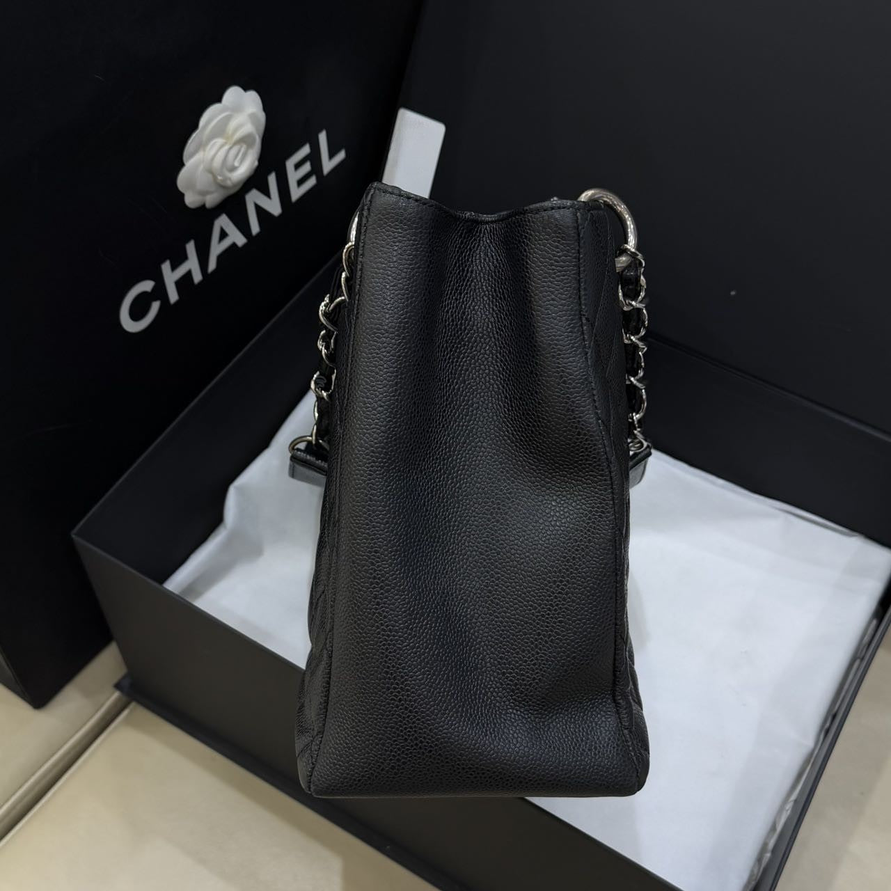 Pre-owned Certified Chanel Black Grand Shopping Tote in Quilted Caviar Leather with Silver Hardware, 2013-2014, w/ Chanel card