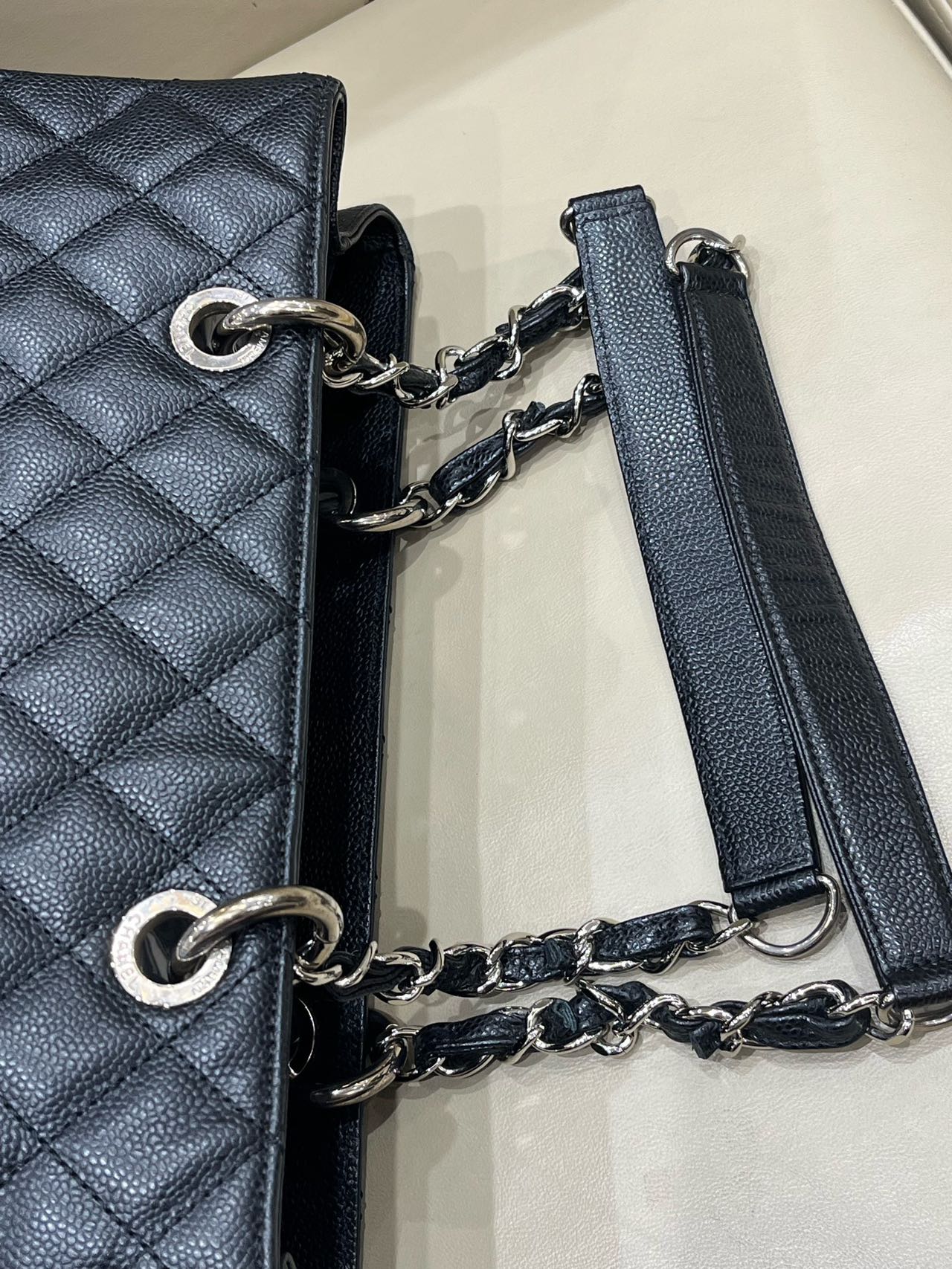 Pre-owned Certified Chanel Black Grand Shopping Tote in Quilted Caviar Leather with Silver Hardware, 2013-2014, w/ Chanel card