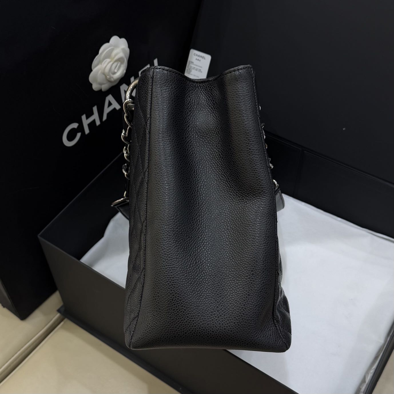 Pre-owned Certified Chanel Black Grand Shopping Tote in Quilted Caviar Leather with Silver Hardware, 2013-2014, w/ Chanel card