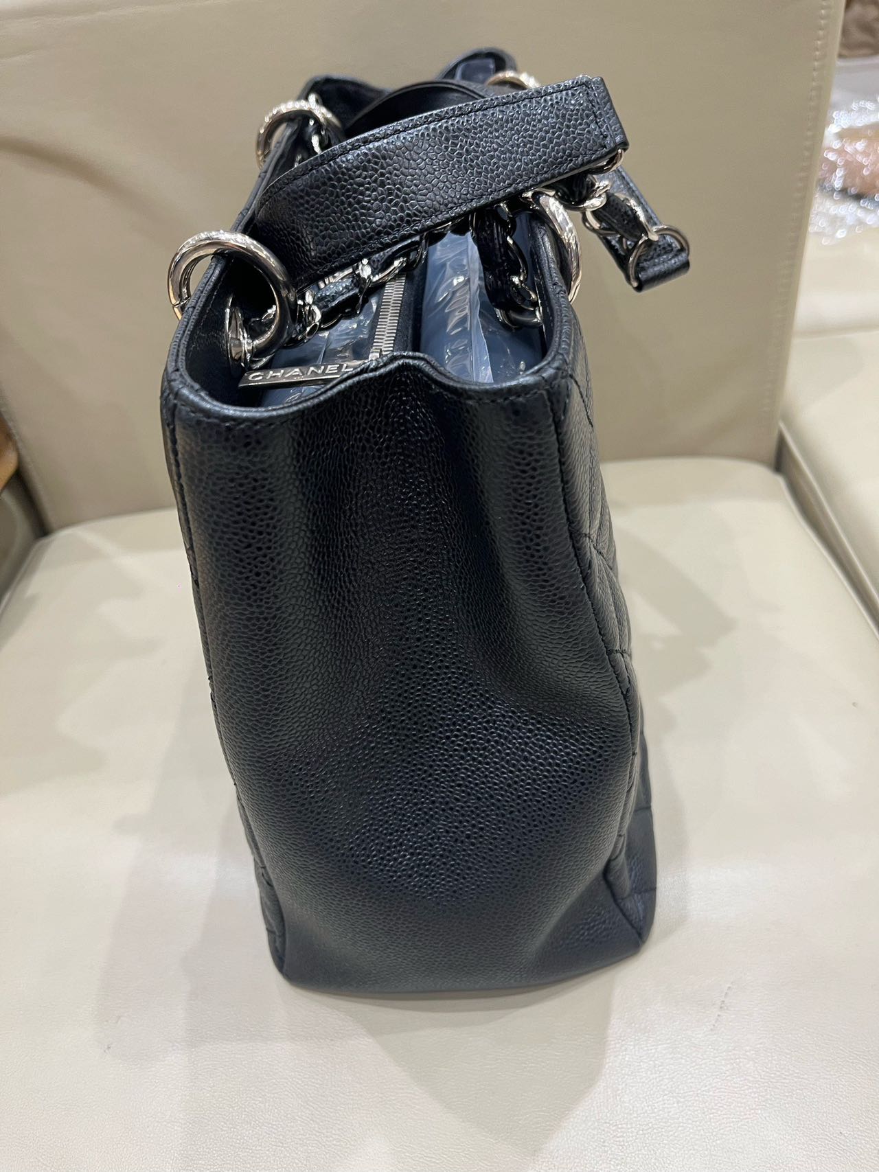 Pre-owned Certified Chanel Black Grand Shopping Tote in Quilted Caviar Leather with Silver Hardware, 2013-2014, w/ Chanel card
