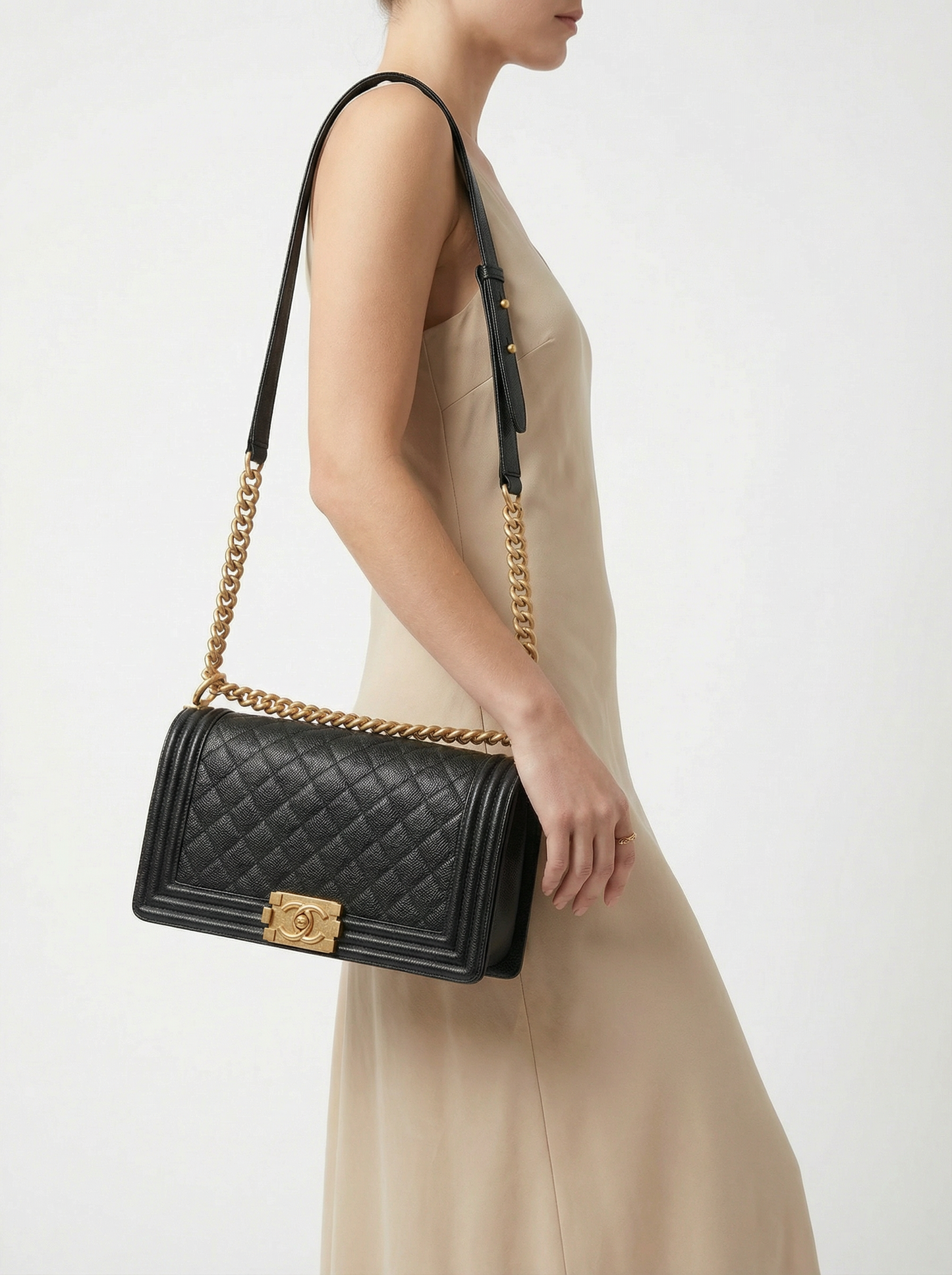 Pre-owned Certified Chanel Medium Boy Bag in Black Caviar Leather with Golden Hardware, 2019-2020, w/ Box, dust bag, authenticity code sticker