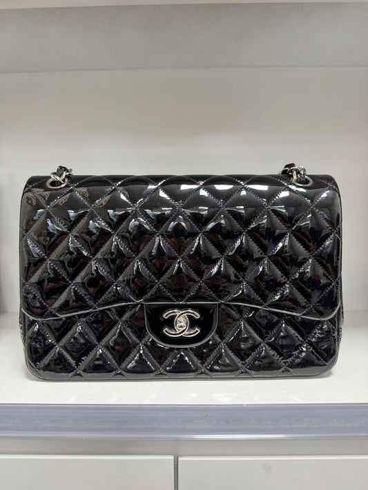 Pre-owned Certified Chanel CF Double Flap Jumbo Black Patent Leather with Silver Hardware, 2013-2014, w/ dust bag