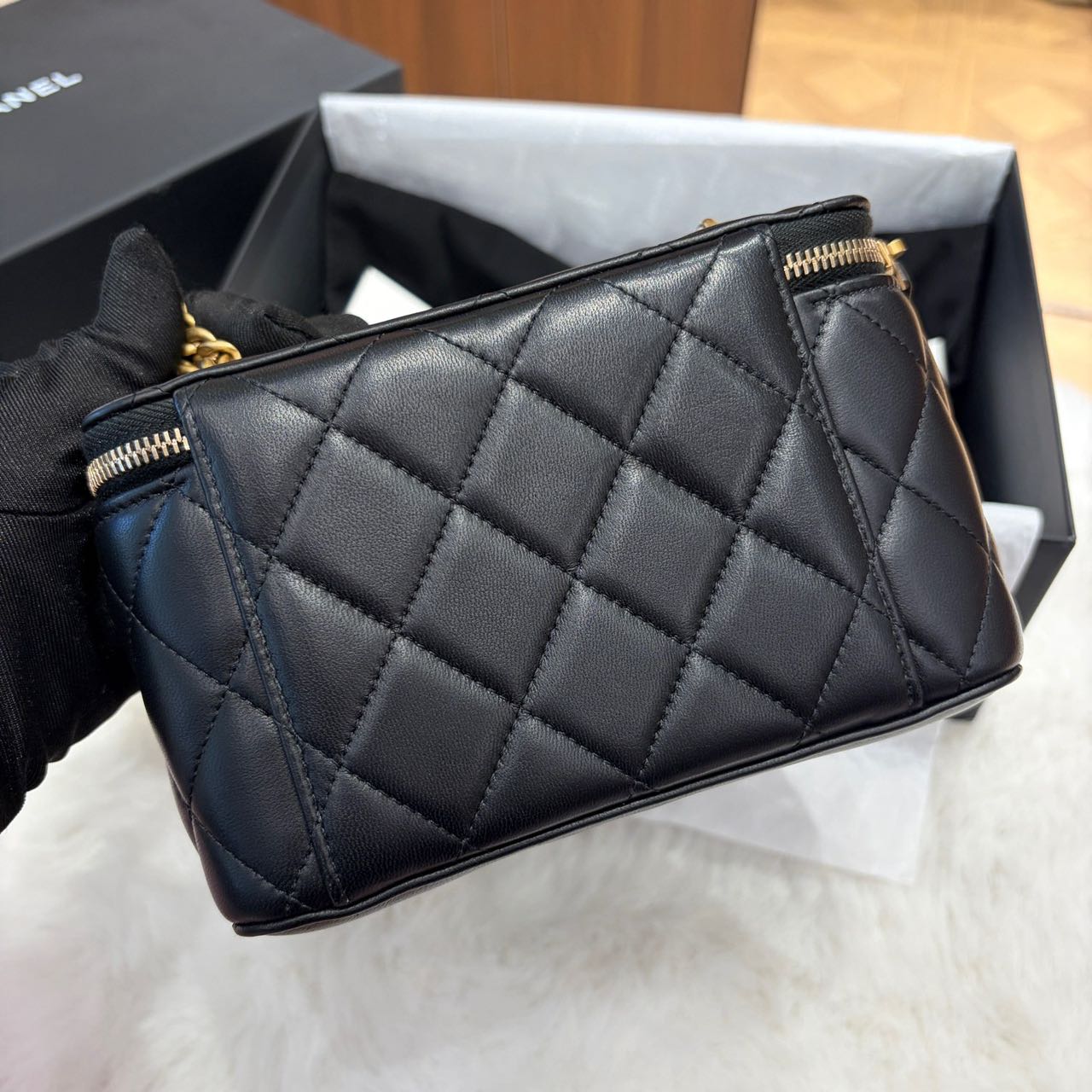 Pre-owned Certified Chanel Camellia Crush Long Vanity Case in Black Lambskin with Golden Hardware, 2025 Microchipped, w/full set