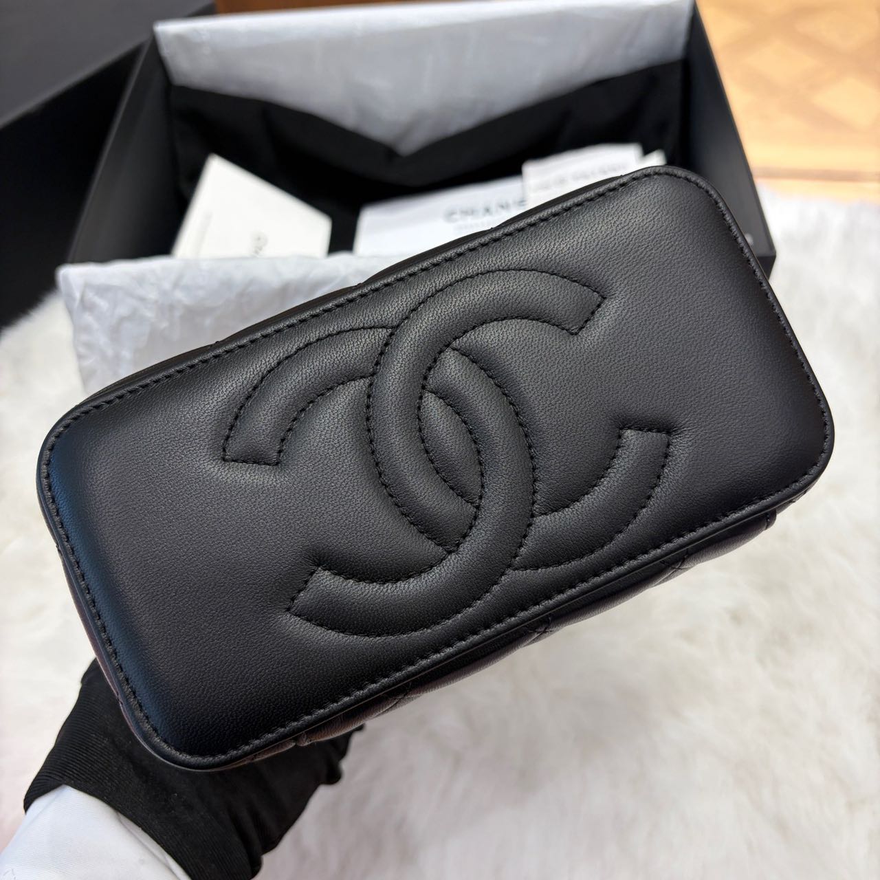 Pre-owned Certified Chanel Camellia Crush Long Vanity Case in Black Lambskin with Golden Hardware, 2025 Microchipped, w/full set
