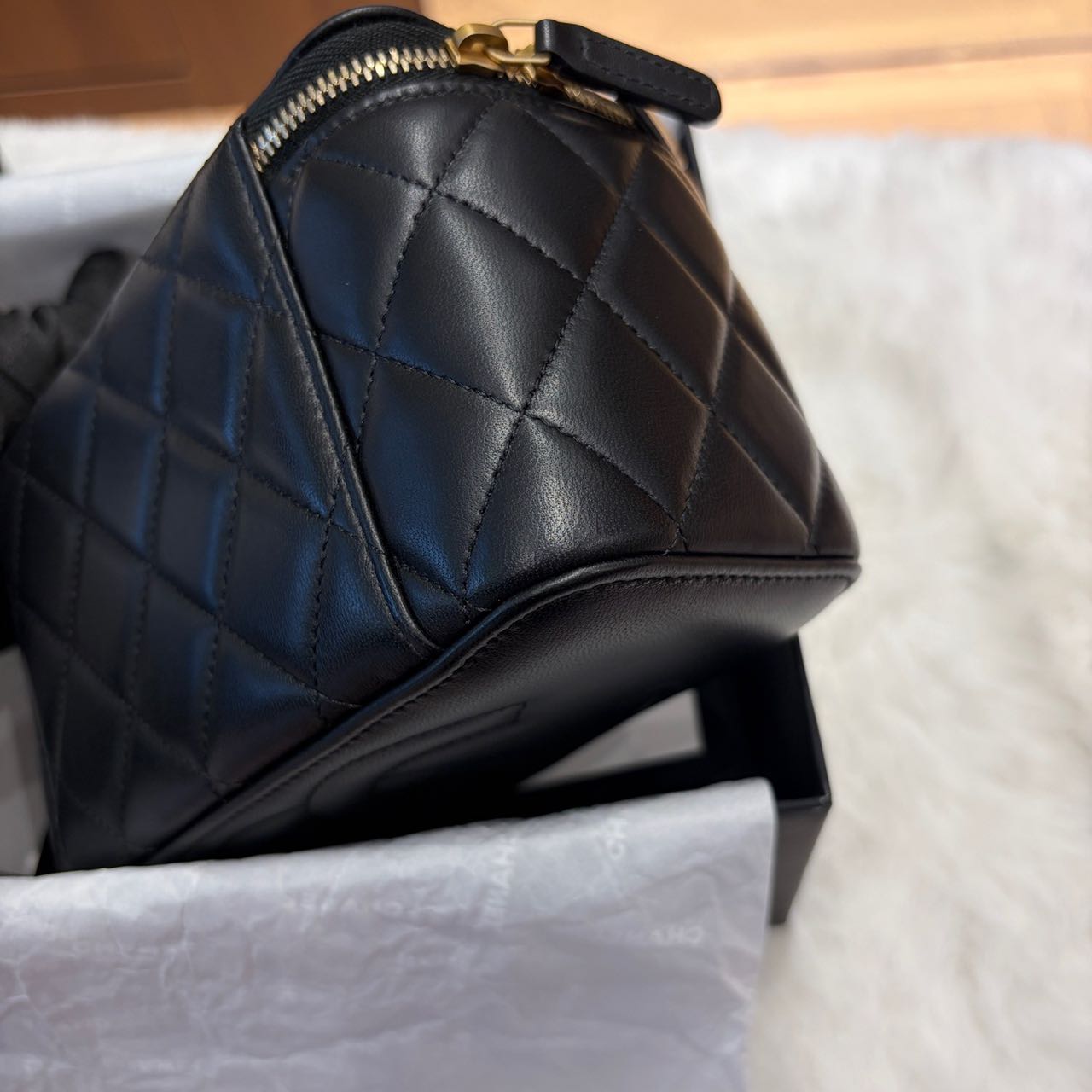 Pre-owned Certified Chanel Camellia Crush Long Vanity Case in Black Lambskin with Golden Hardware, 2025 Microchipped, w/full set