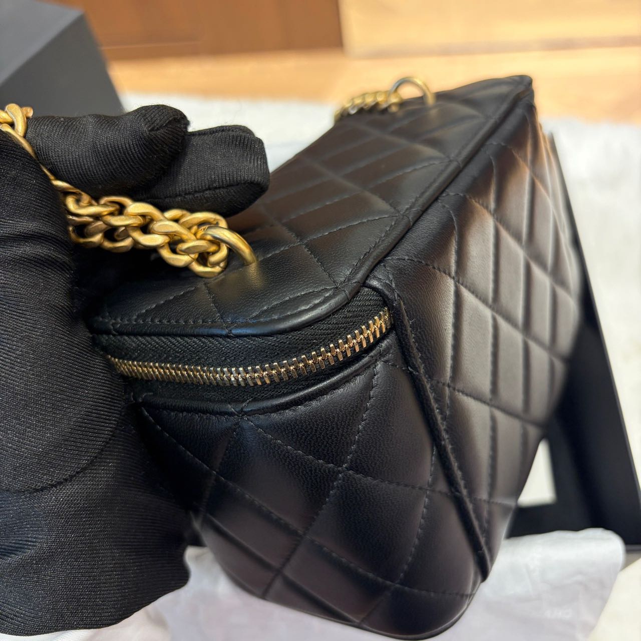 Pre-owned Certified Chanel Camellia Crush Long Vanity Case in Black Lambskin with Golden Hardware, 2025 Microchipped, w/full set