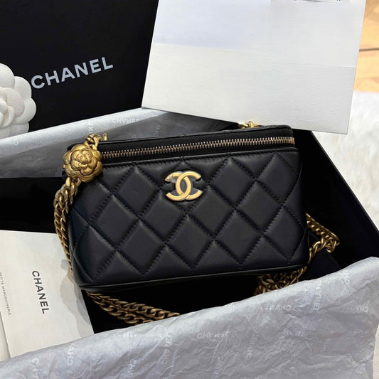 Pre-owned Certified Chanel Camellia Crush Long Vanity Case in Black Lambskin with Golden Hardware, 2025 Microchipped, w/full set