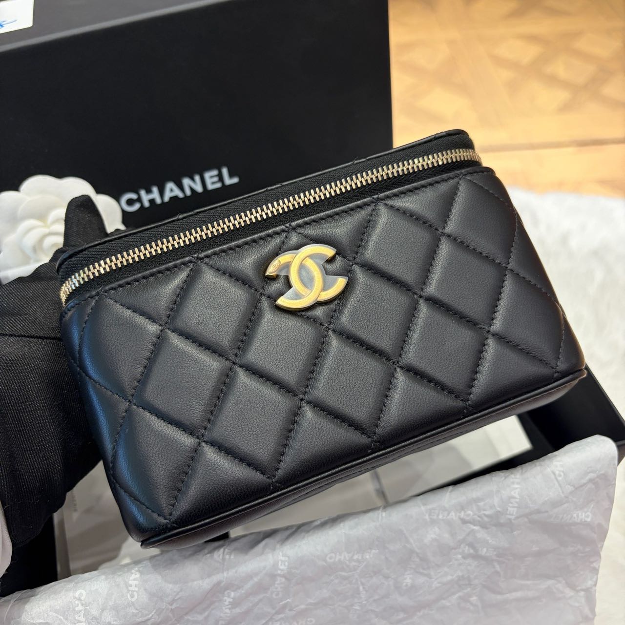 Pre-owned Certified Chanel Camellia Crush Long Vanity Case in Black Lambskin with Golden Hardware, 2025 Microchipped, w/full set