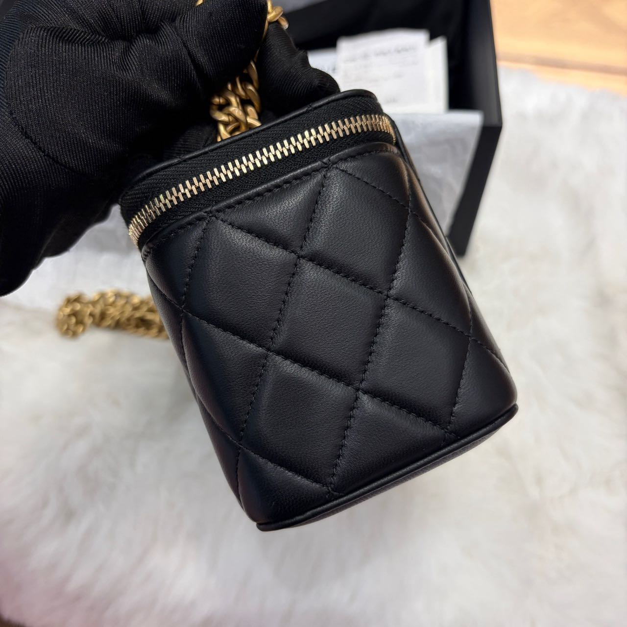 Pre-owned Certified Chanel Camellia Crush Long Vanity Case in Black Lambskin with Golden Hardware, 2025 Microchipped, w/full set