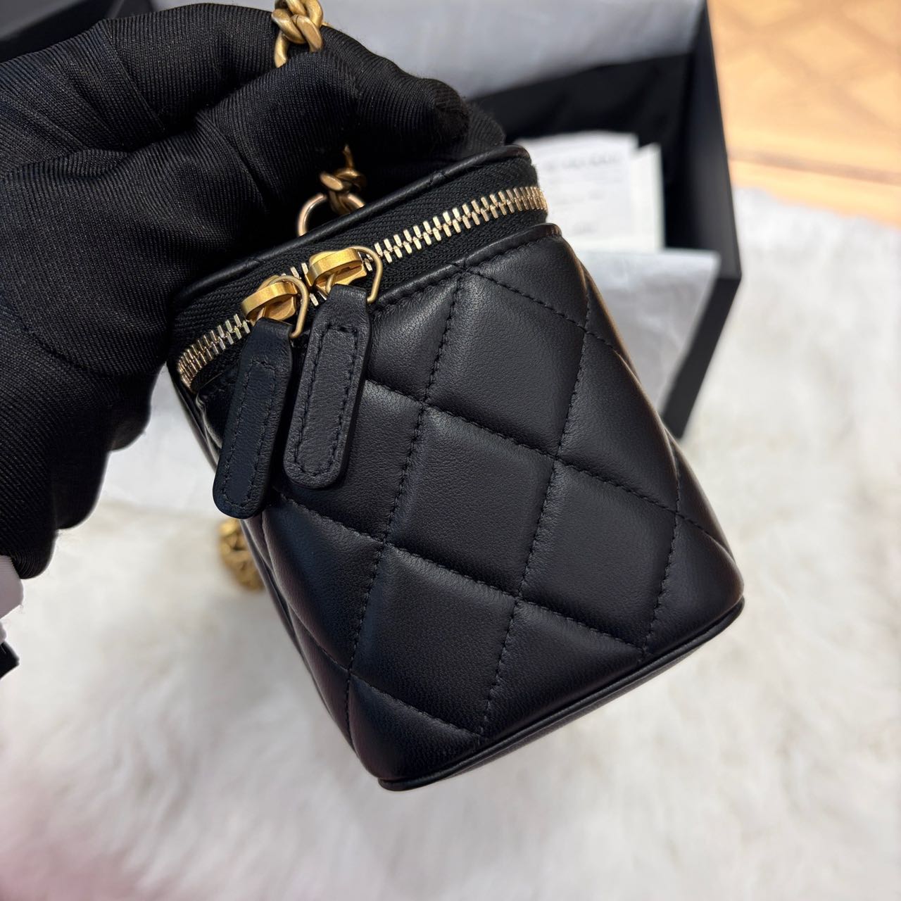 Pre-owned Certified Chanel Camellia Crush Long Vanity Case in Black Lambskin with Golden Hardware, 2025 Microchipped, w/full set