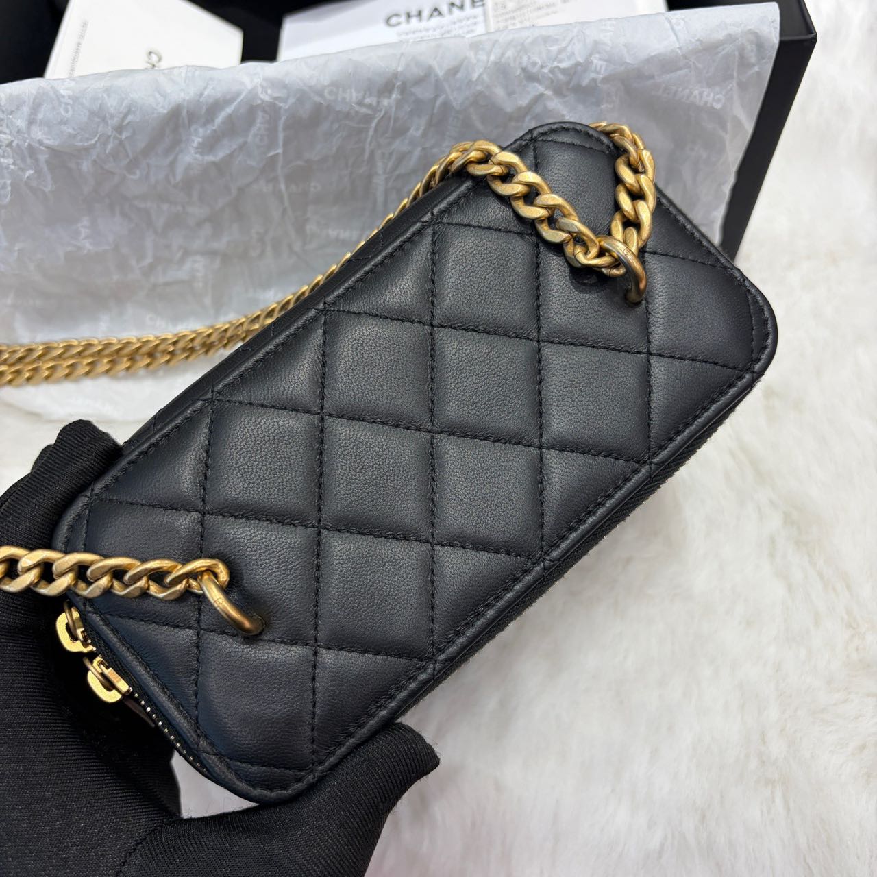 Pre-owned Certified Chanel Camellia Crush Long Vanity Case in Black Lambskin with Golden Hardware, 2025 Microchipped, w/full set