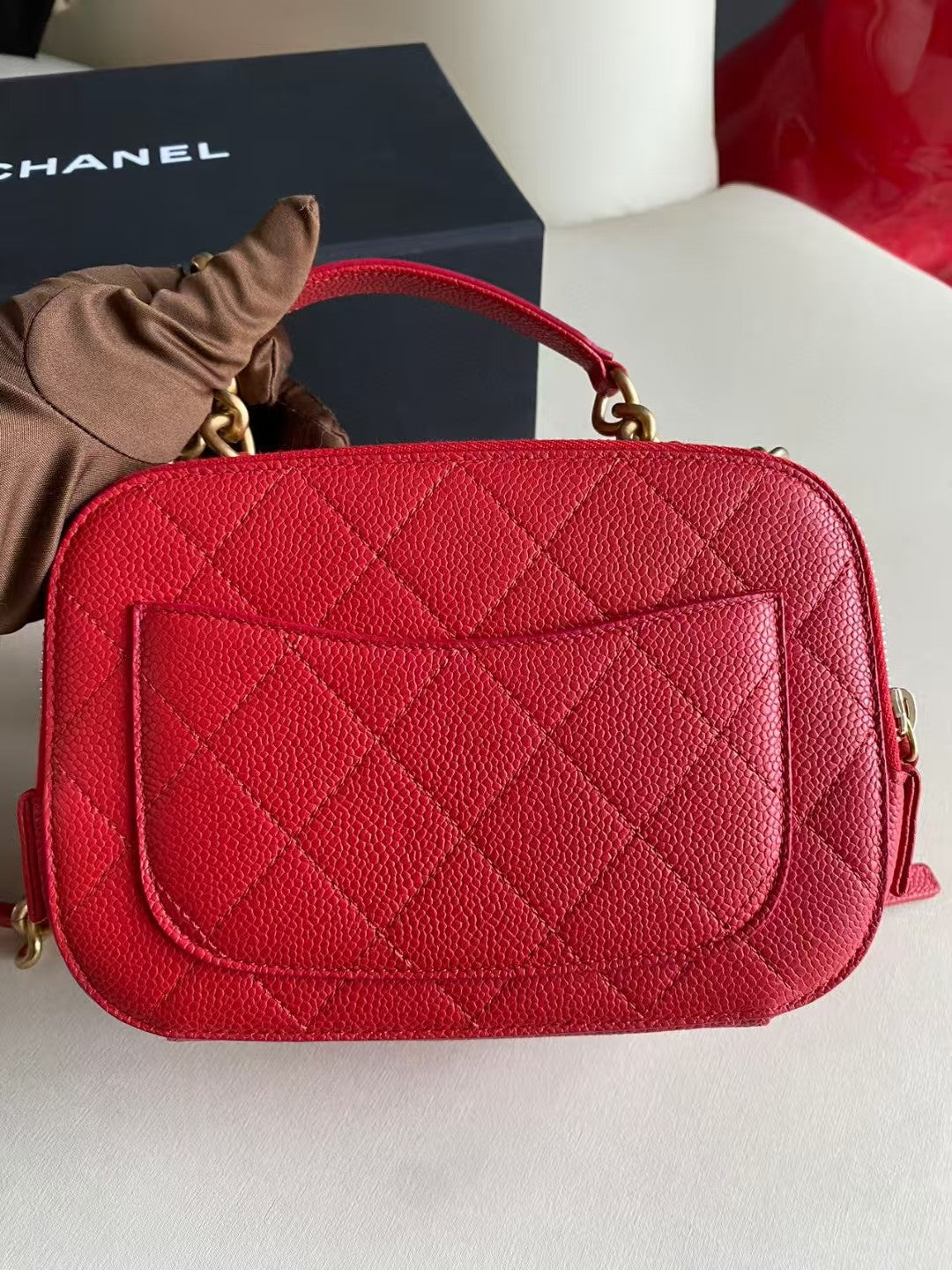 Pre-owned Certified Chanel Camera Bag Red Caviar Leather Golden Hardware, mid 2019, w/ full set - Chanel box, dust bag, Chanel card