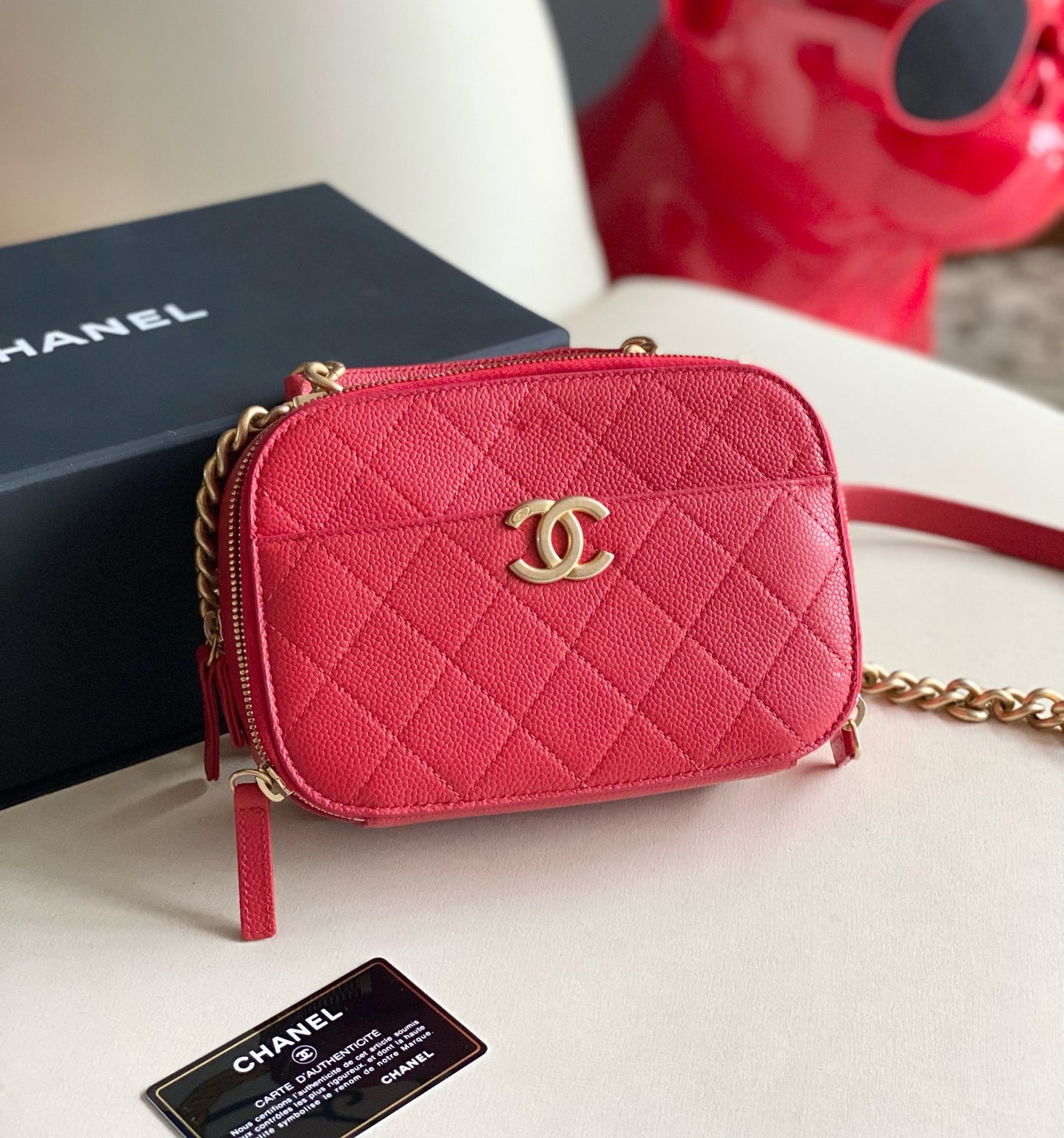 Pre-owned Certified Chanel Camera Bag Red Caviar Leather Golden Hardware, mid 2019, w/ full set - Chanel box, dust bag, Chanel card