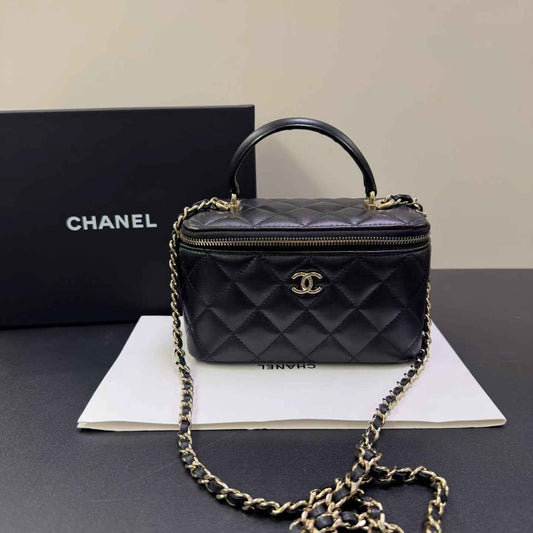 Pre-owned Certified Chanel Classic Vanity Case Top Handle Black Lambskin Light Golden Hardware, 2021, w/ Full Set