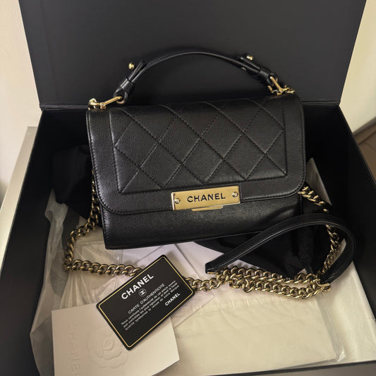 Pre-owned Chanel Clic Flap Small in Black Calfskin with Champagne Golden Hardware, 2017, Full Set