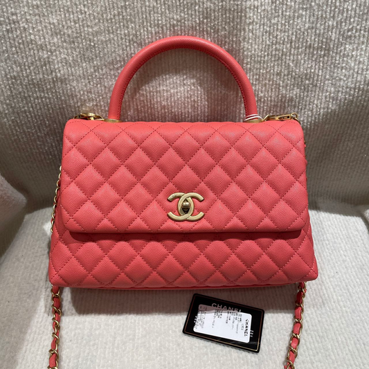 Pre-owned Certified Chanel Coco Handle Medium in Coral Caviar Leather with Golden Hardware, 2019, w/ full set