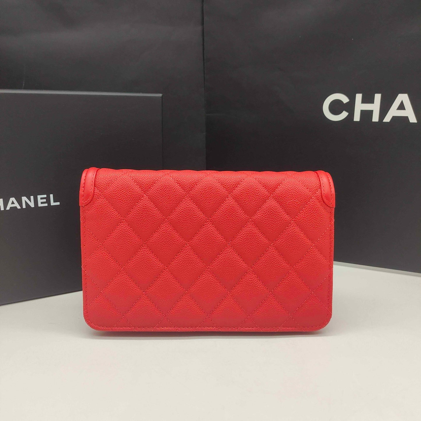 Pre-owned Certified Chanel Filigree WOC Wallet On Chain Red Caviar Leather Golden Hardware, 2019-2020 Like New, w/ dust bag, Chanel card