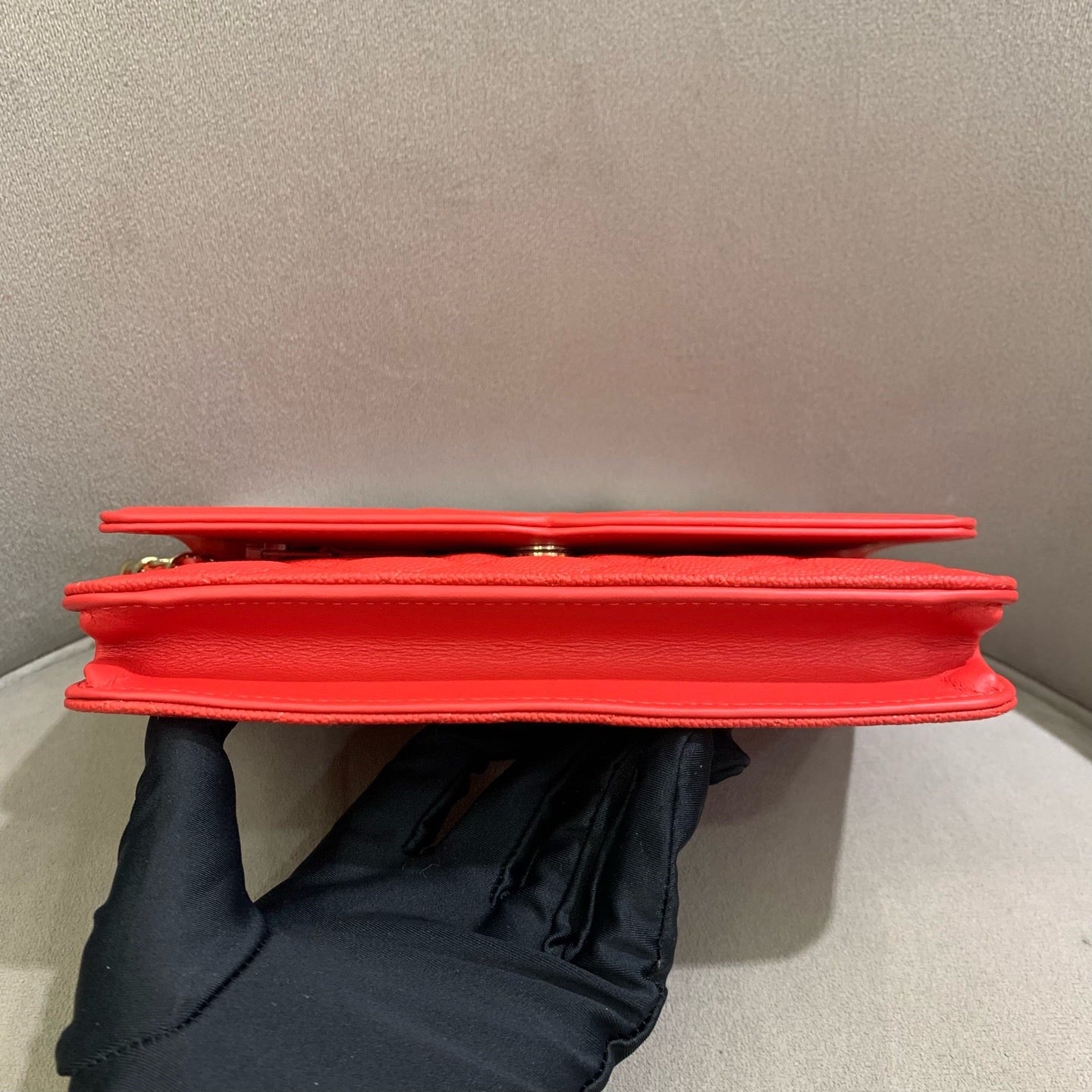 Pre-owned Certified Chanel Filigree WOC Wallet On Chain Red Caviar Leather Golden Hardware, 2019-2020 Like New, w/ dust bag, Chanel card