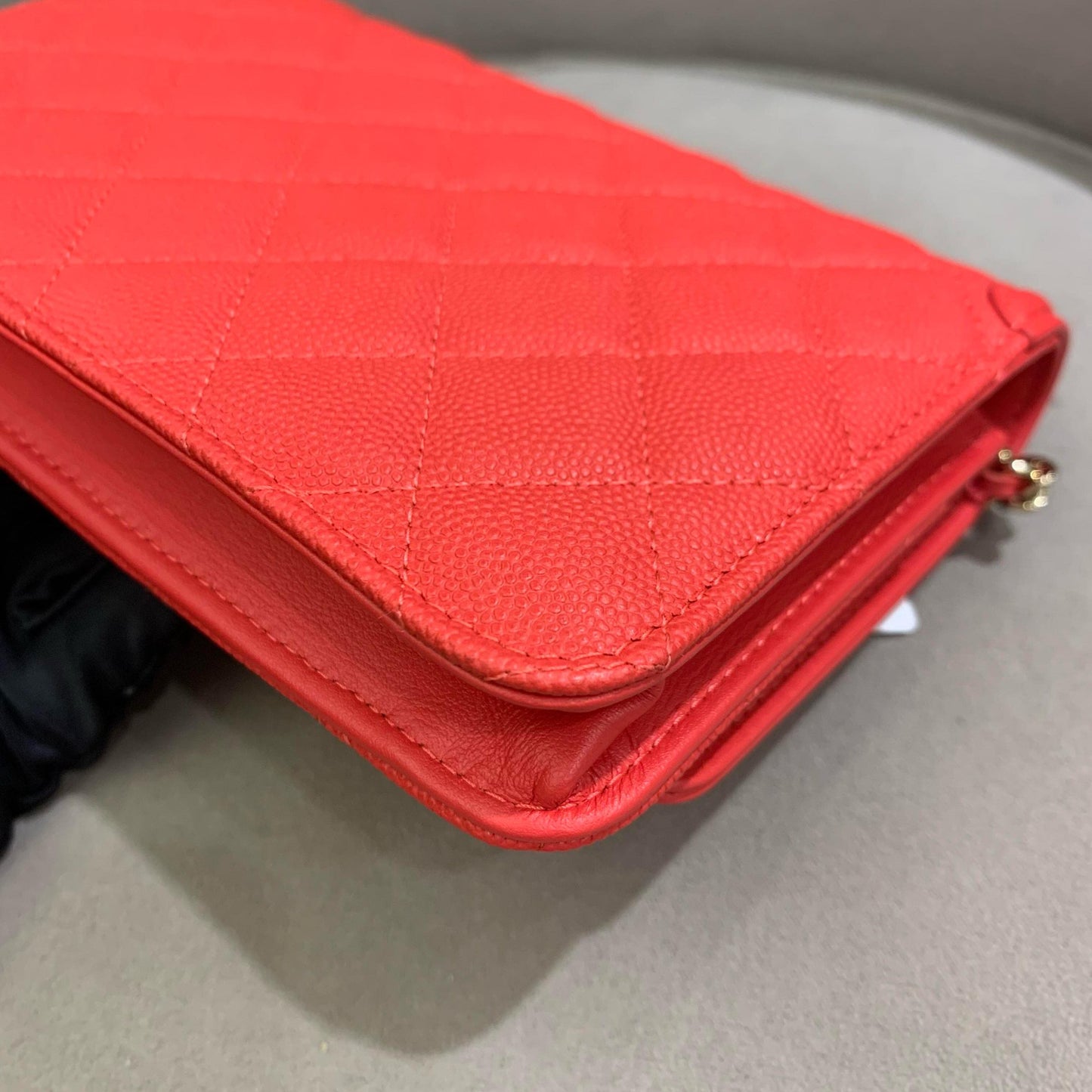 Pre-owned Certified Chanel Filigree WOC Wallet On Chain Red Caviar Leather Golden Hardware, 2019-2020 Like New, w/ dust bag, Chanel card