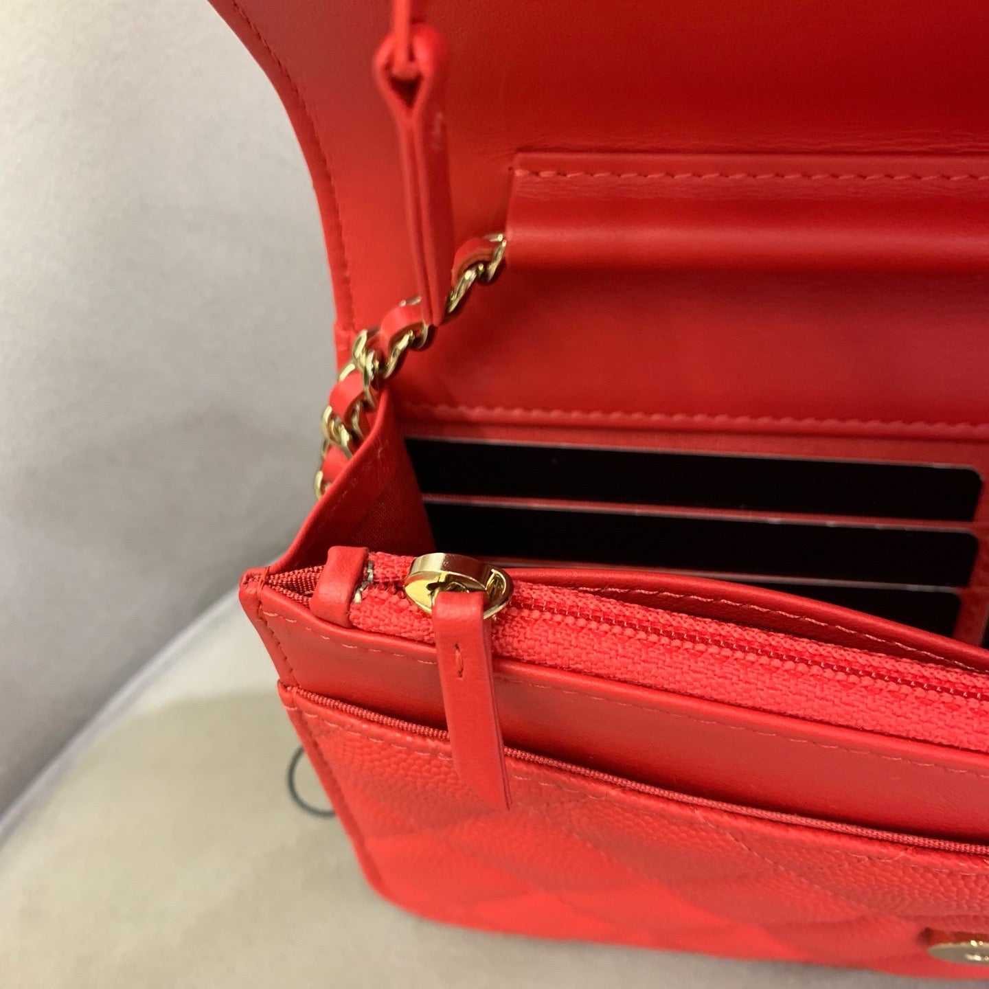 Pre-owned Certified Chanel Filigree WOC Wallet On Chain Red Caviar Leather Golden Hardware, 2019-2020 Like New, w/ dust bag, Chanel card