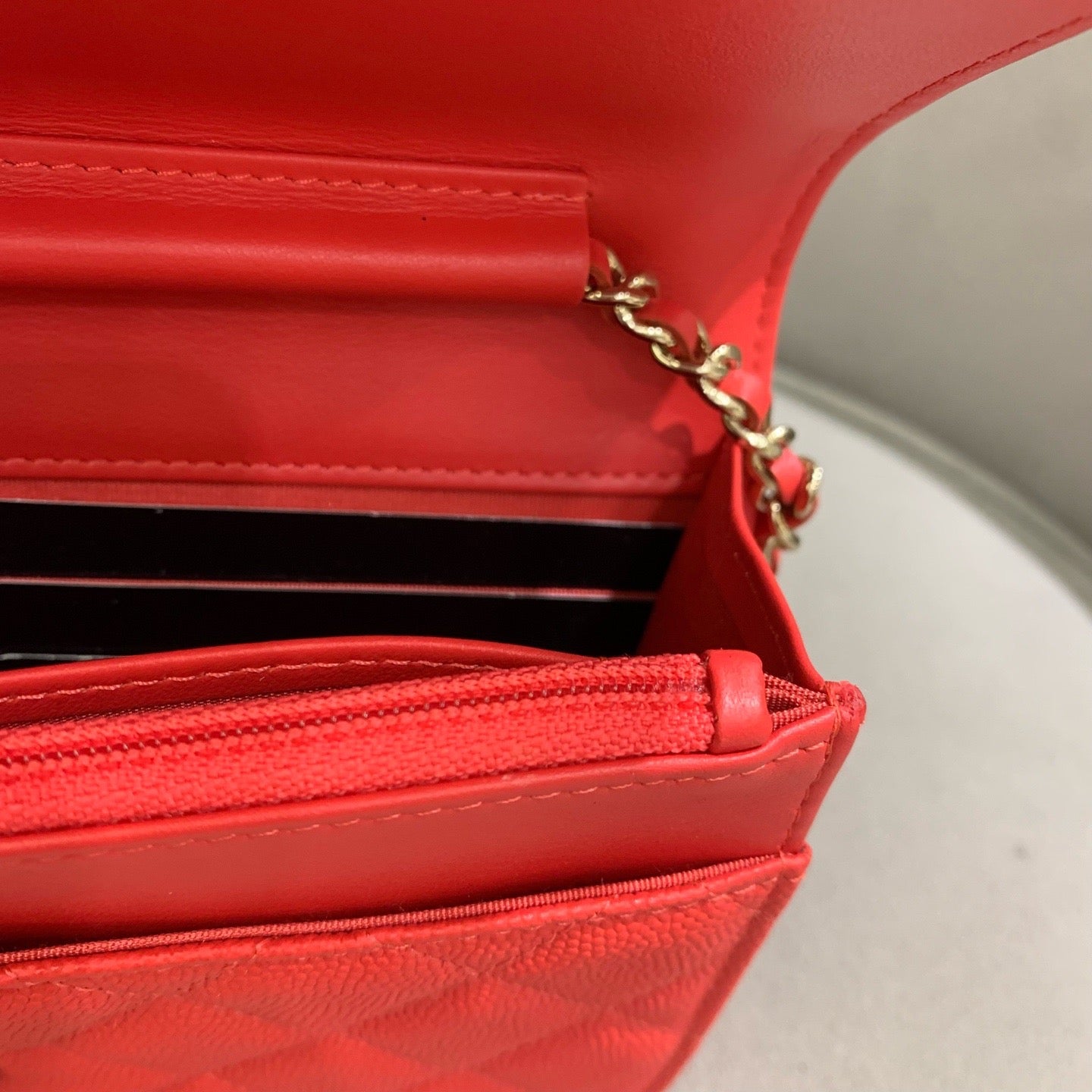 Pre-owned Certified Chanel Filigree WOC Wallet On Chain Red Caviar Leather Golden Hardware, 2019-2020 Like New, w/ dust bag, Chanel card